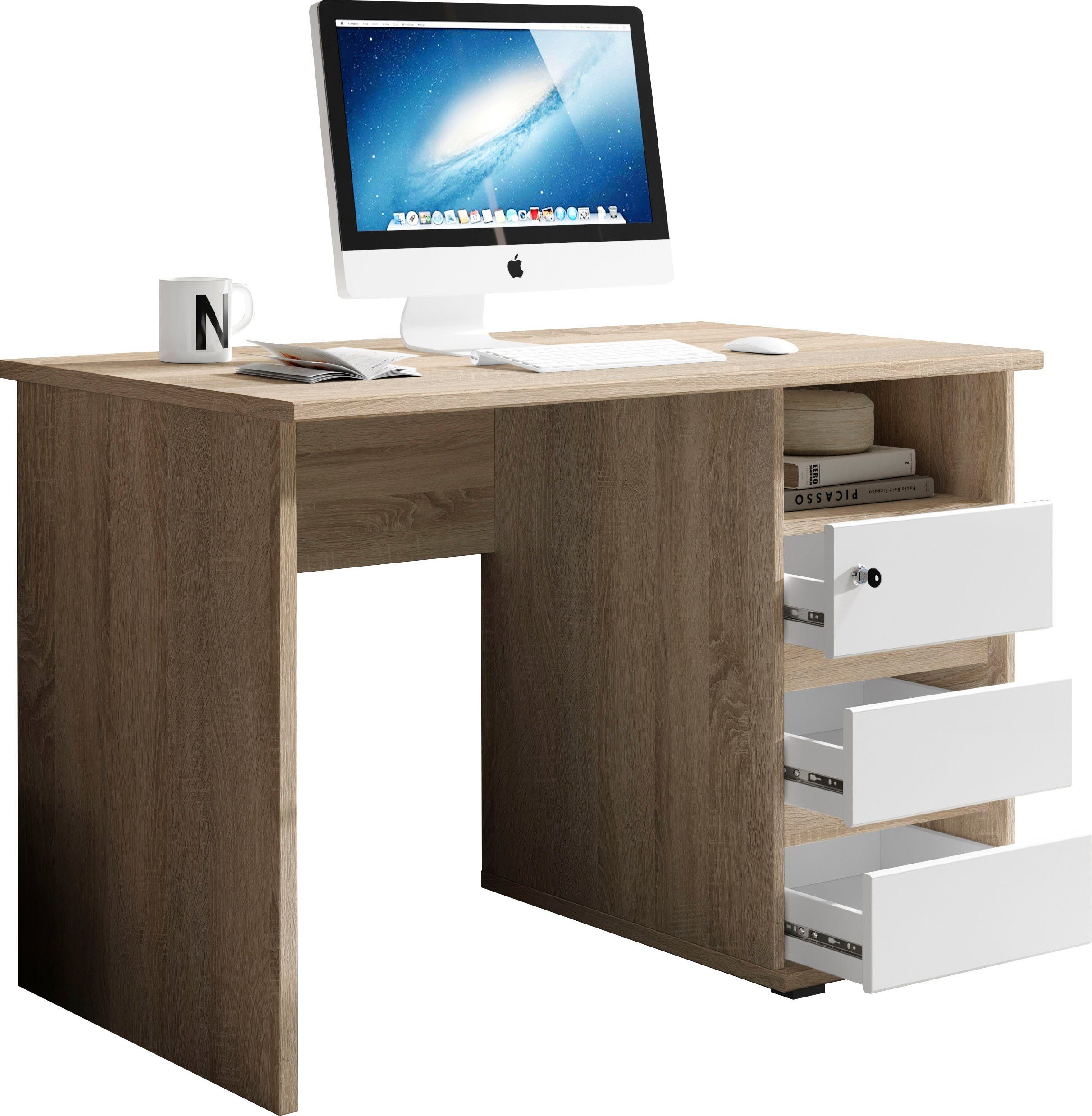 BEGA OFFICE Schreibtisch Primus 1, mit Schubkasten abschließbar in 3 Farbausführungen eiche sonoma/weiß