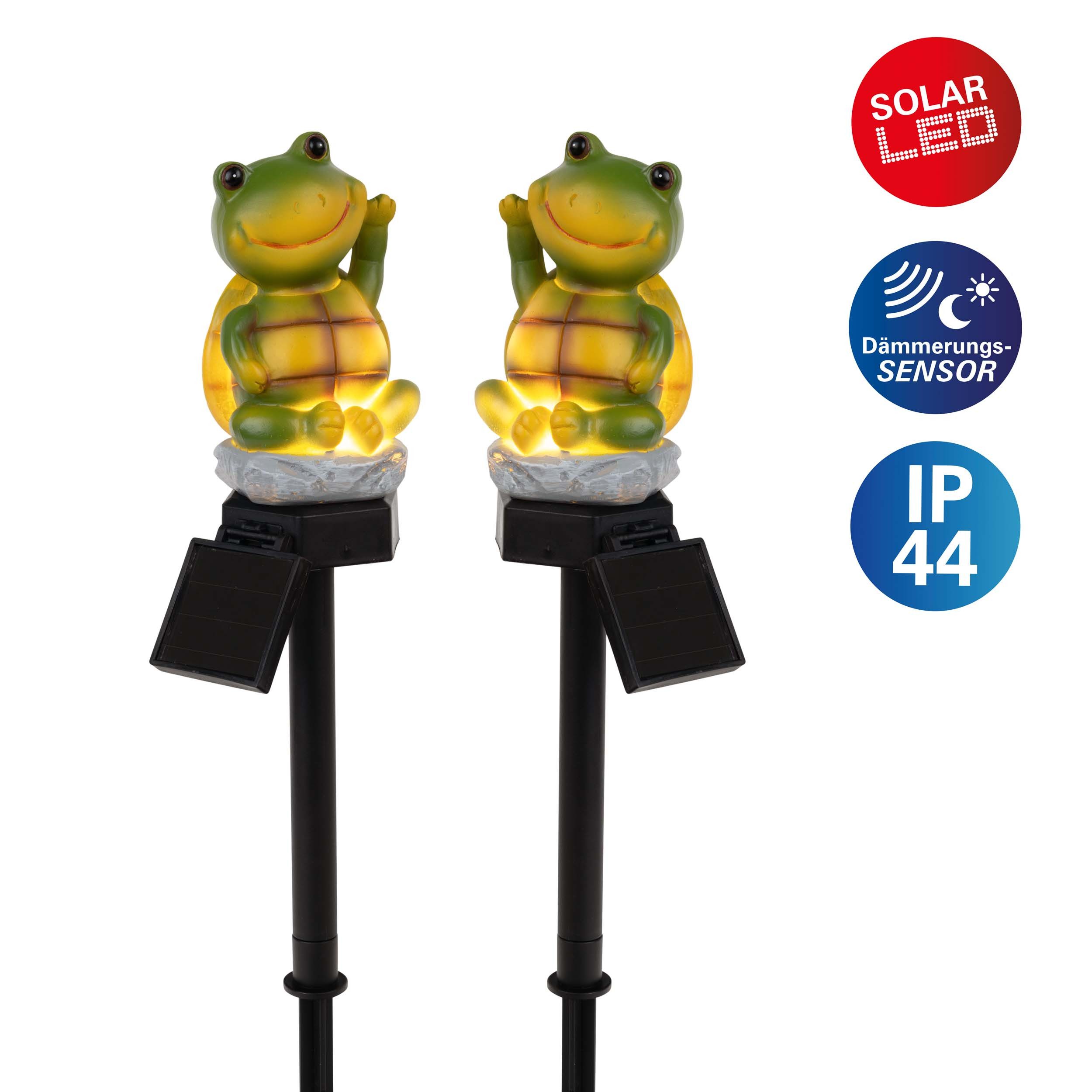näve LED Solarleuchte Calvino, Tageslichtsensor, LED fest integriert, Warmweiß, 2er Set sitzender winkender Frosch, Dämmerungssensor, Schiebeschalter