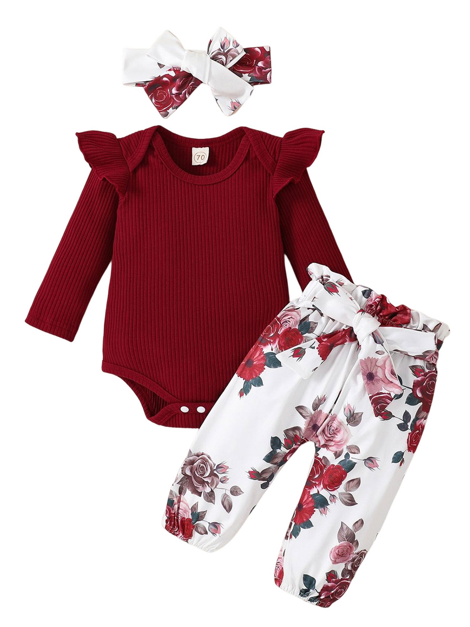 Shirt, Leggings & Haarband Baby Mädchen Langarm Body Strampler Rüschen Blumen Hosen+Stirnband Set