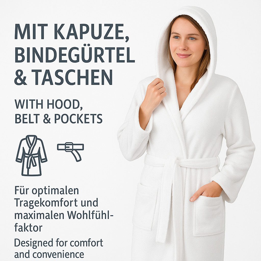 Betz Bademantel Saunamantel mit Kapuze für Herren und Damen FULDA, Wadenlang, 100% Baumwolle, Kapuze, Gürtel