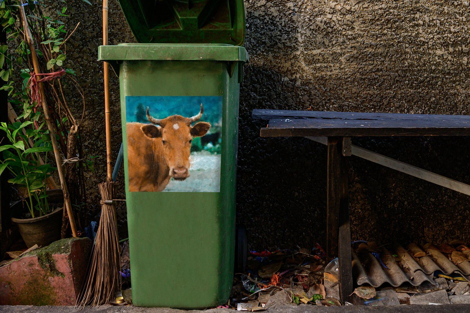 Abfalbehälter Wandsticker (1 Container, - Mülleimer-aufkleber, St), Zeichnung MuchoWow Mülltonne, Sticker, Kuh - Braun
