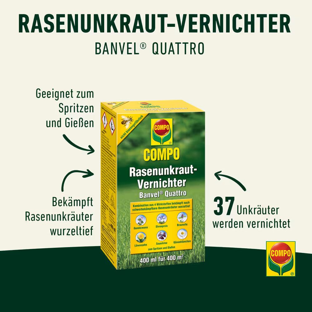 Compo Unkrautbekämpfungsmittel Rasenunkraut-Vernichter Banvel Quattro, 400 ml, zum Spritzen & Gießen