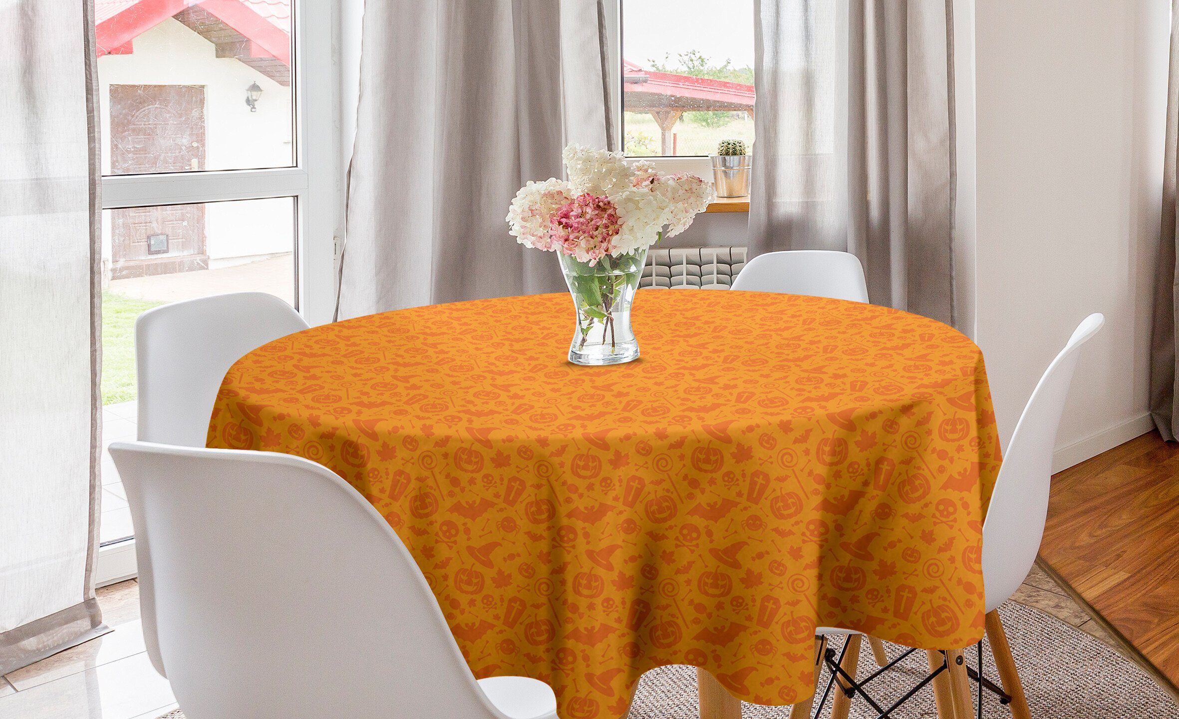 Orange Tischdecke Halloween-Kürbis-Schädel Abakuhaus Abdeckung Küche Esszimmer für Kreis Dekoration, Tischdecke