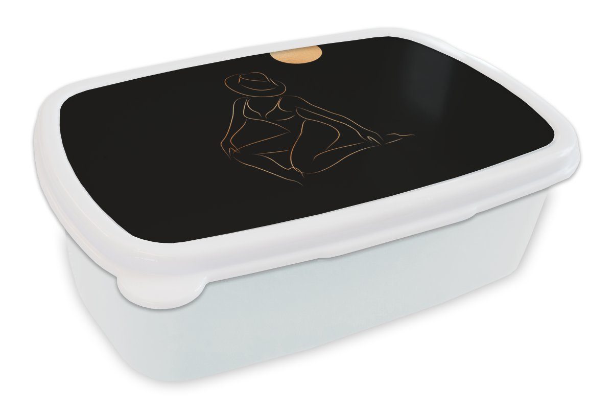 MuchoWow Lunchbox Frau - Hut - Mond - Strichzeichnung, Kunststoff, (2-tlg), Brotbox für Kinder und Erwachsene, Brotdose, für Jungs und Mädchen weiß | Lunchboxen