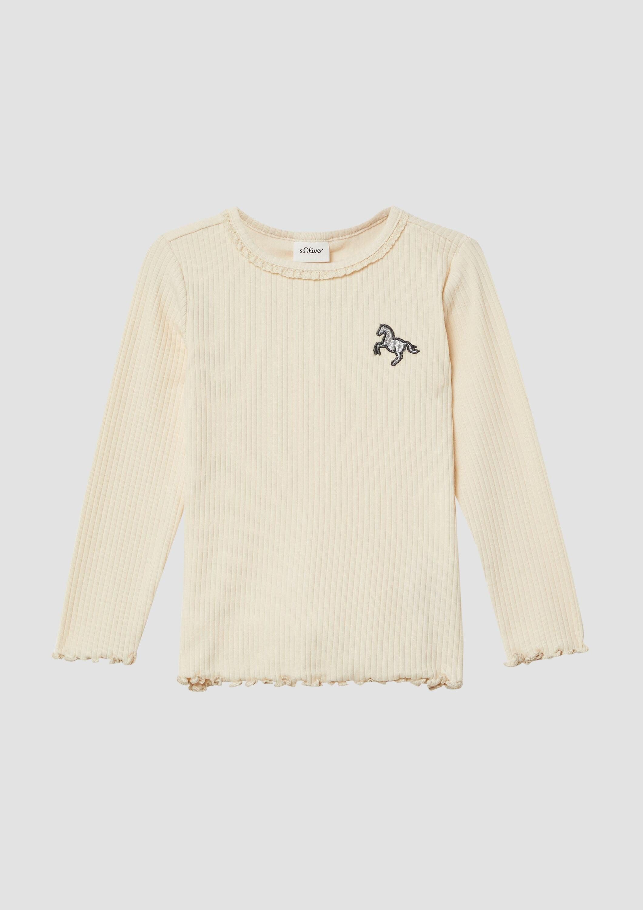 s.Oliver Langarmshirt T-Shirt Geripptes Langarmshirt mit Spitzen- und Stickdetail