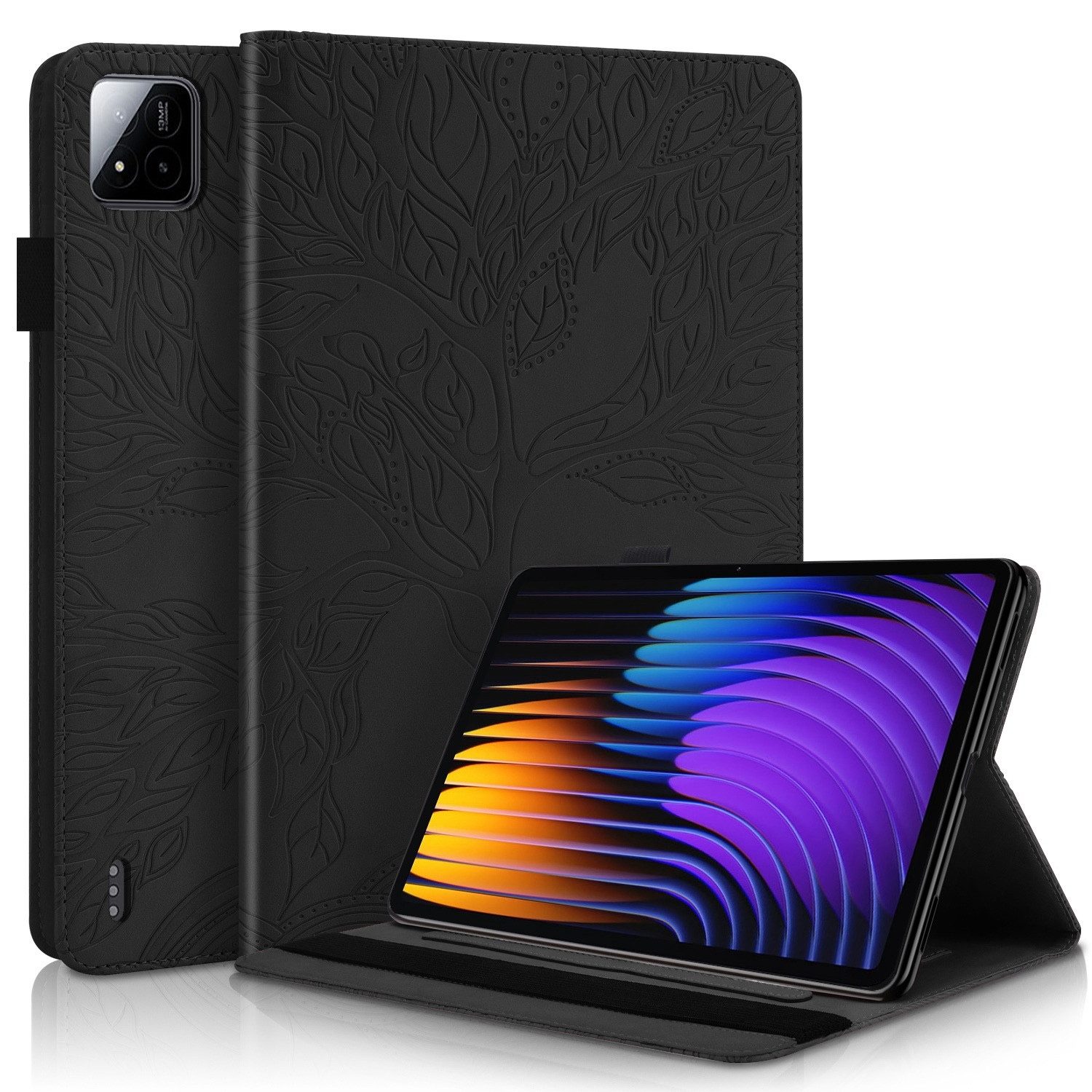 Wigento Tablet-Hülle Kunstleder für Xiaomi Pad 8 / 8 Pro / Pad 7 / 7 Pro Baum Book Schwarz, Baum Design Hülle mit Standfunktion und Kratzschutz
