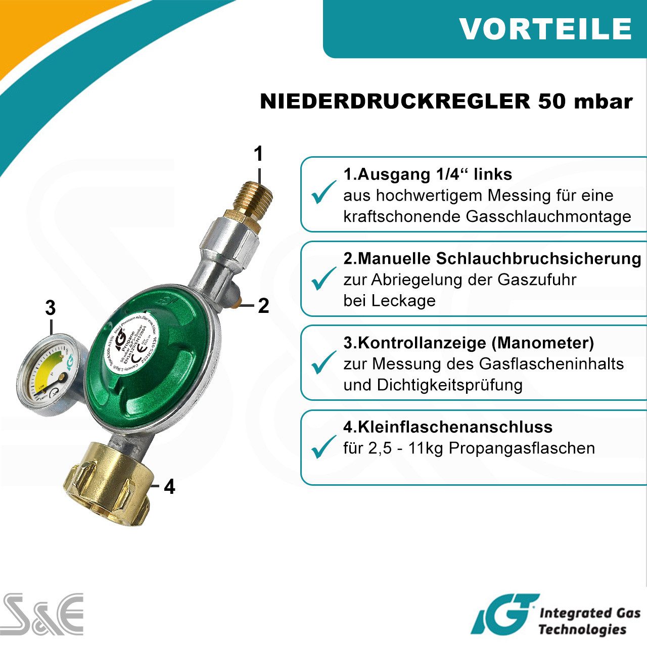 IGT Druckminderer Gas 50mbar Gasdruckminderer Gasdruckregler für Propan-Butan Gasflasche, Füllstandsanzeige, 100cm Gas-Schlauch und Gasregler Schlüssel