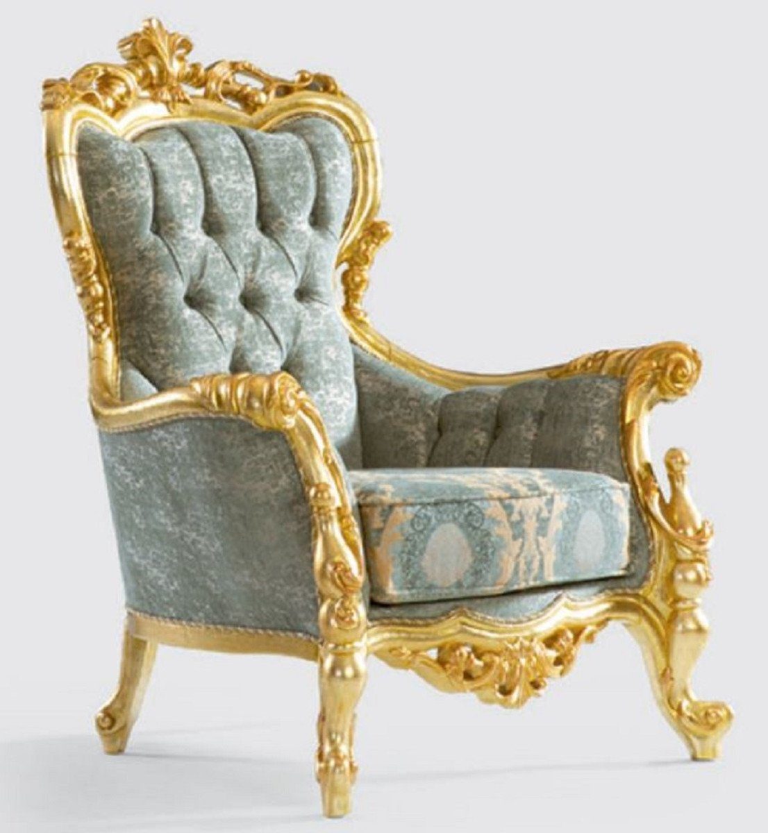 Casa Padrino Sessel Luxus Barock Sessel Grün / Gold 100 x 85 x H. 122 cm - Handgefertigter Wohnzimmer Sessel mit elegantem Muster - Barock Wohnzimmer Möbel - Edel & Prunkvoll