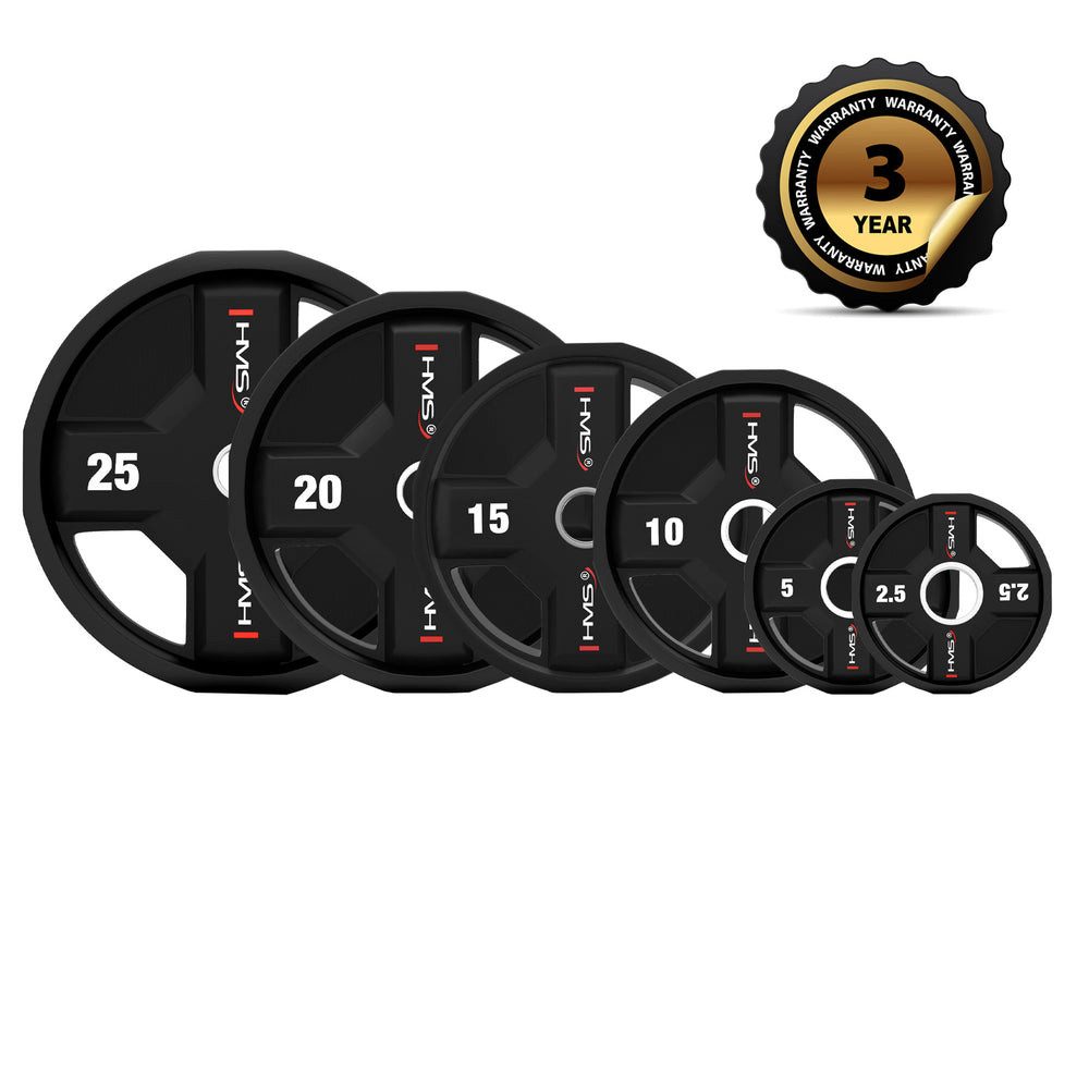 HMS Hantelscheibe Olympische Gewichtsscheibe 20 kg Fitnessscheibe, 20 kg, (Spar-Set, 1-tlg., Ergonomische Griffe), Passend für alle 50-mm-Langhanteln