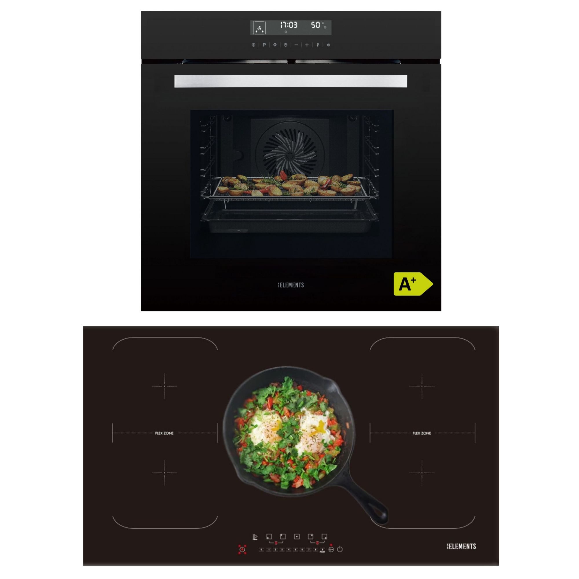 KB Elements Induktions Herd-Set Einbaubackofen 60 cm mit 5-Zonen Induktionskochfeld 90cm, mit 2-fach-Teleskopauszug, Einbaubackofen Full Touch mit 15 Funktionen, doppelte Flexzone