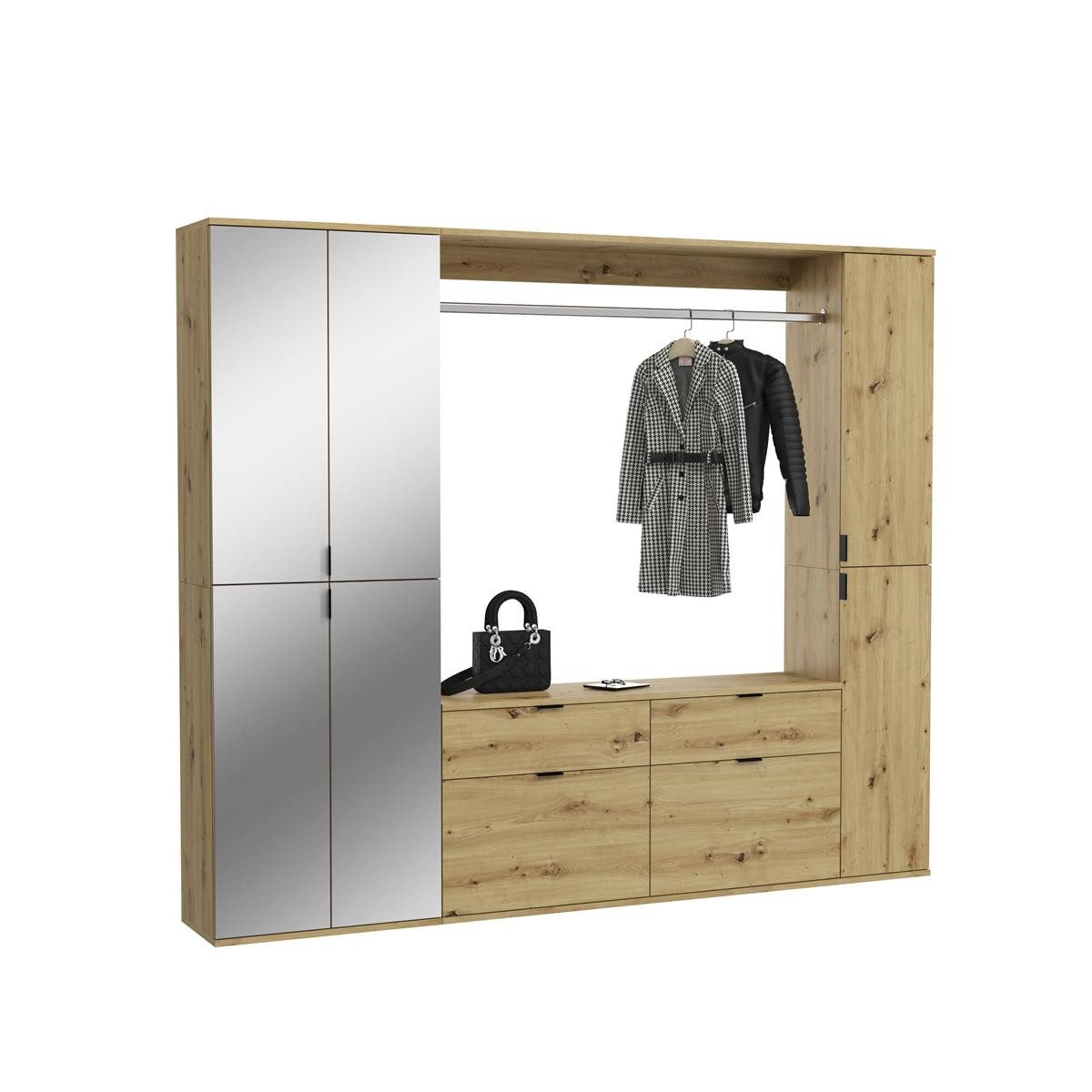 möbelvita Garderoben-Set Vision X Garderobenkombination B/H/T 212x193x34 in Artisan Eiche, (1x Spiegelschrank, 1x Kommode mit Wandboard, 1x Hochschrank)
