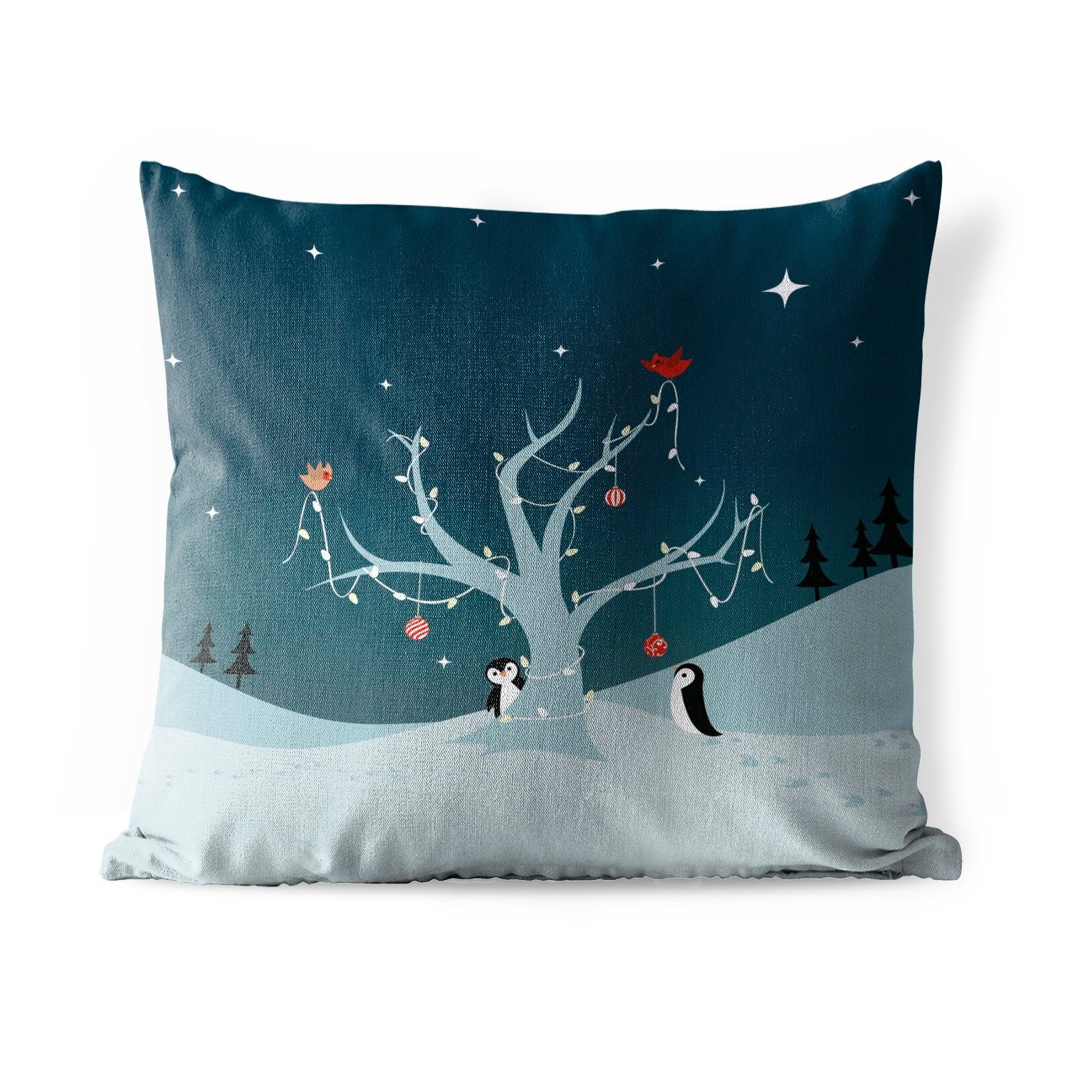 MuchoWow Dekokissen Illustration von zwei Pinguinen beim Schmücken eines Weihnachtsbaums, Kissenbezüge, Kissenhülle, Dekokissen, Dekokissenbezug, Outdoor