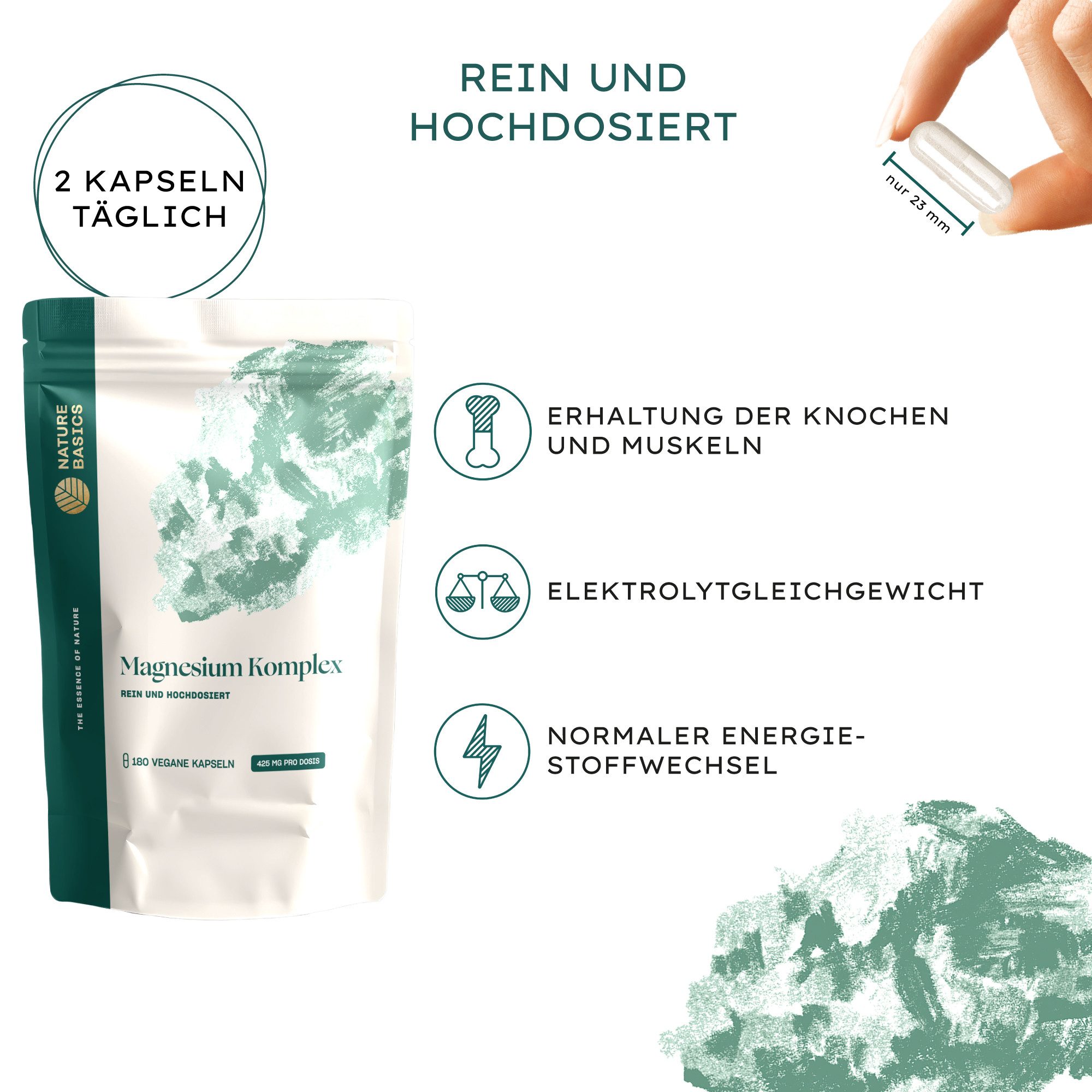 Nature Basics Hochwertiges natürliches Magnesium Vegan & Nachhaltig im Braunglas 180 Kapseln, 180 St., 140 g