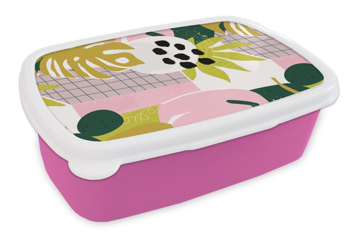 MuchoWow Lunchbox Tropische Pflanzen - Rosa - Gelb - Muster, Kunststoff, (2-tlg), Brotbox für Erwachsene, Brotdose Kinder, Snackbox, Mädchen, Kunststoff