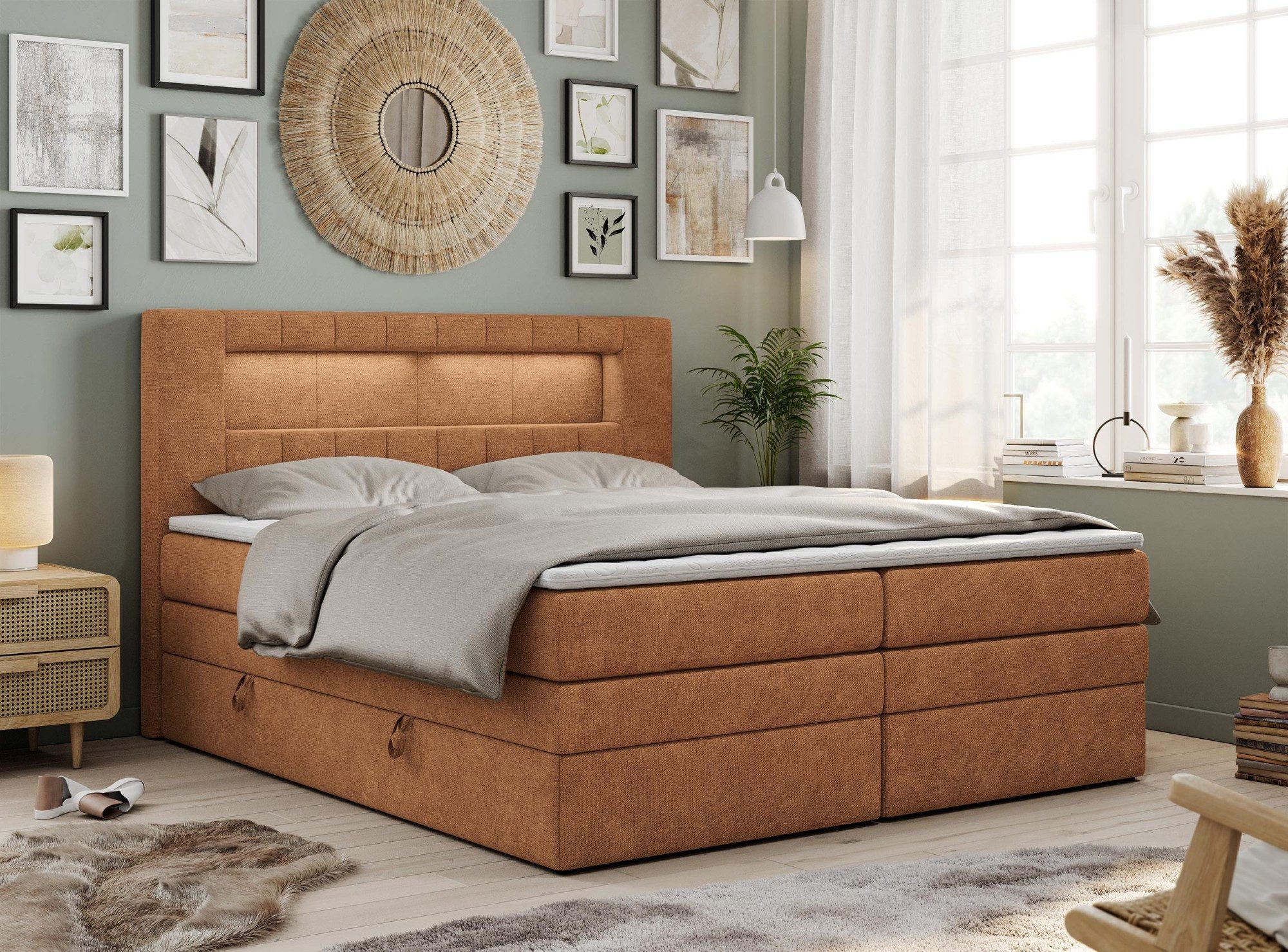 MKS MÖBEL Boxspringbett GOLD 5 KING (T30-Schaum, Topper T25/Visco, Doppelbett), Polsterbett mit Bettkasten und fünf Matratzen - Stauraumbett