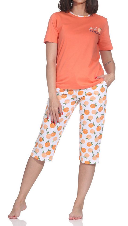 Normann Pyjama Normann Damen Capri-Pyjama kurzarm–„Peachy“ Design, auch in Übergröße