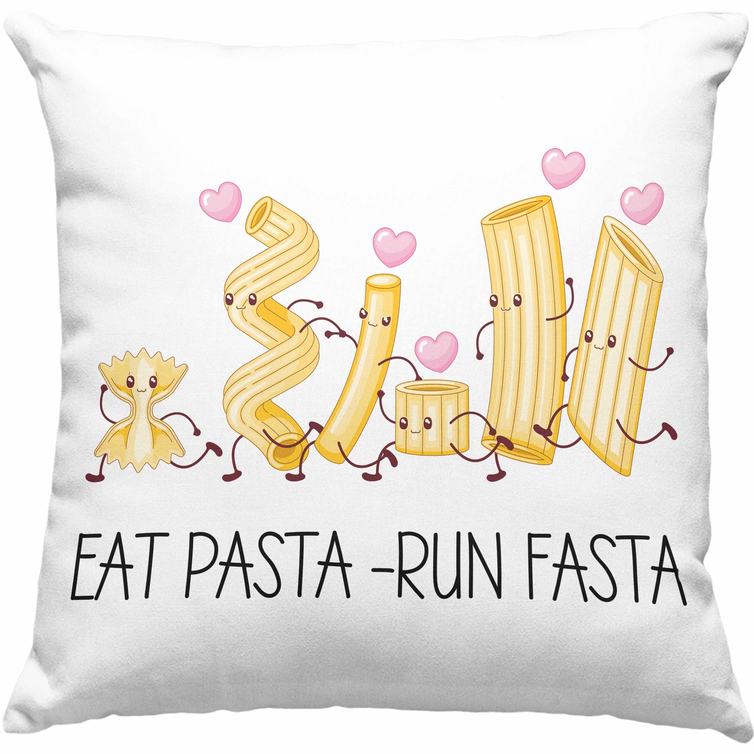 Spruch mit Pasta - Italiener Run Kissen 40x40 Fasta Dekokissen Trendation Geschenk Füllung Eat Geschenkidee Spruch Trendation Spaghetti Rosa Dekokissen