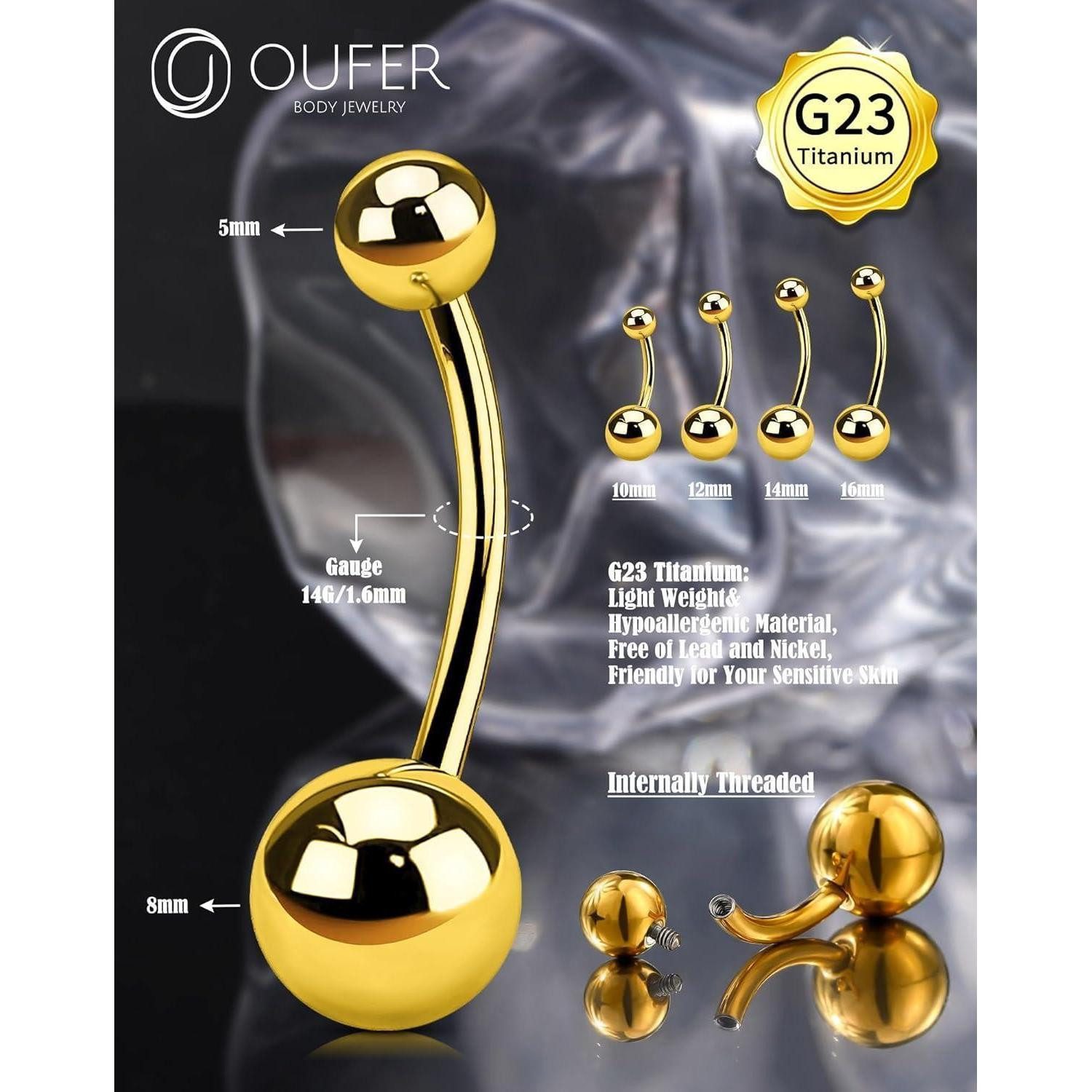 LuxusKollektion Bauchnabelpiercing Titan Internally Threaded Navel Piercing 14G Gold Belly Bar 5/8mm