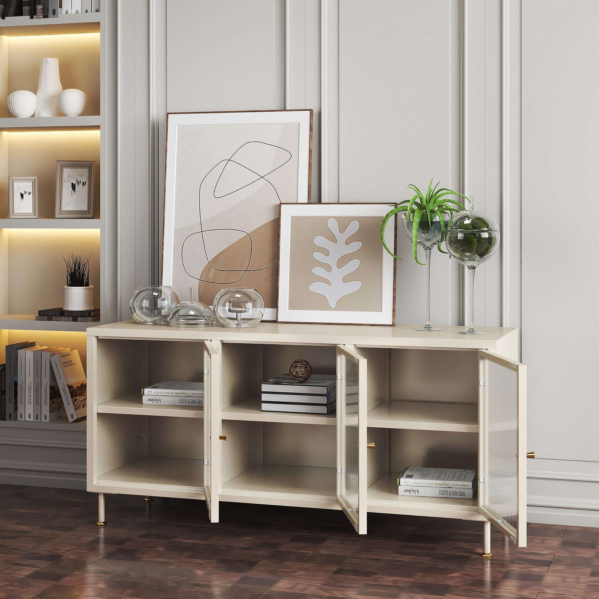 en.casa TV-Schrank »Lindau« mit 3 Glastüren Stahl 120 x 40 x 59 cm Cremeweiß