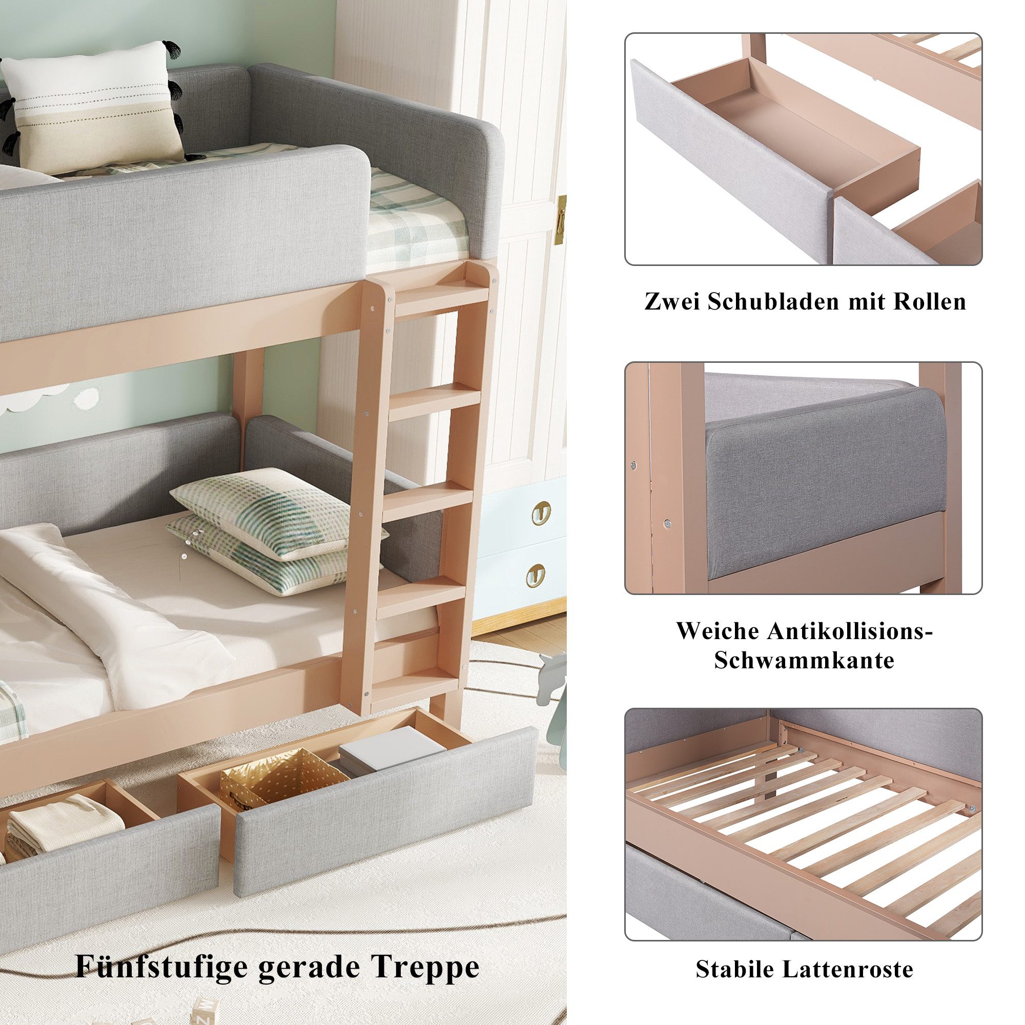 Flieks bunk bed, children's bed 90x200cm with anti-collision sponge edge and 2 drawers