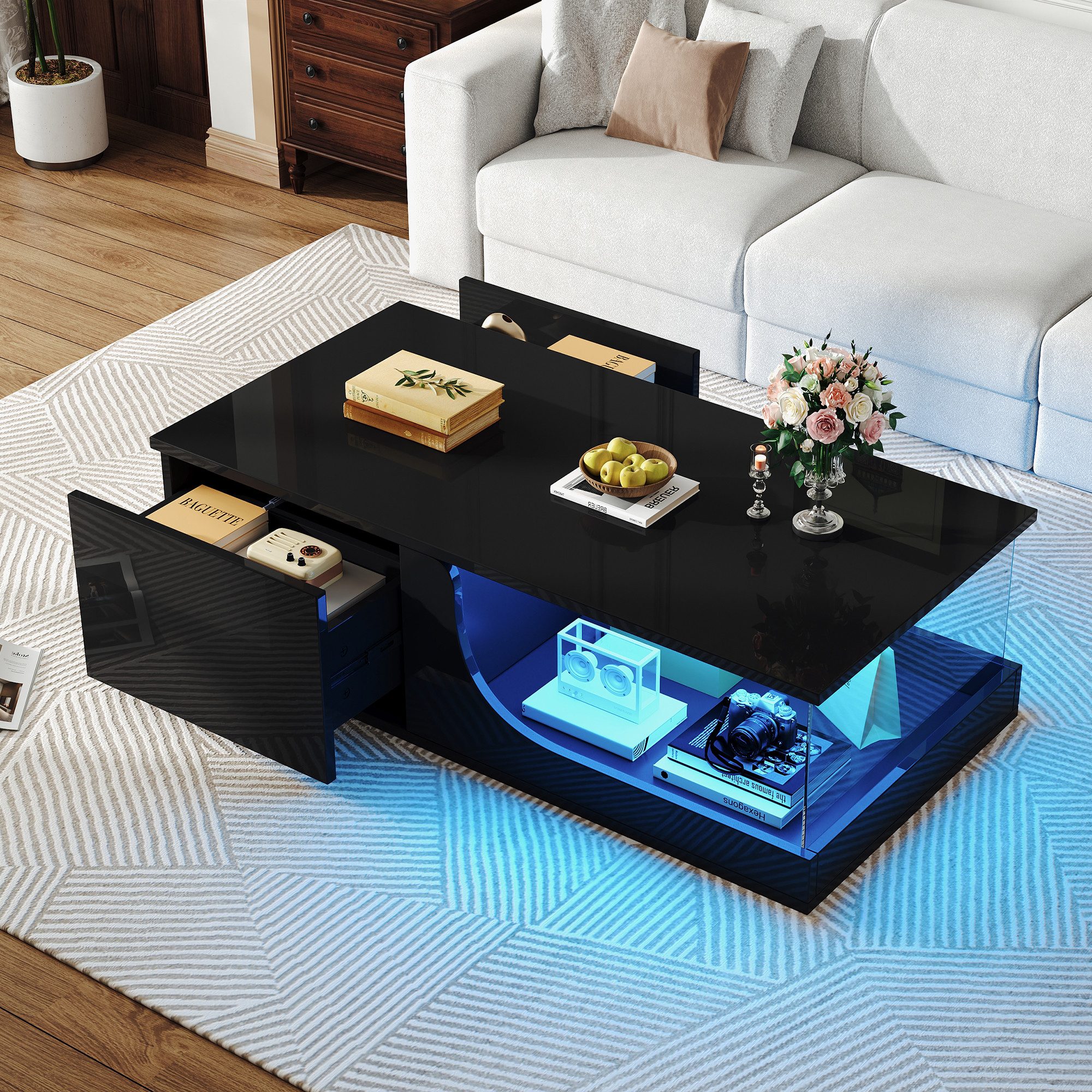 REDOM Couchtisch mit Doppelte Aufbewahrung (Sofatisch, Wohnzimmer, Kaffeetisch, 1-St., gehärtetes Glas), LED-Beleuchtung,App-gesteuerte