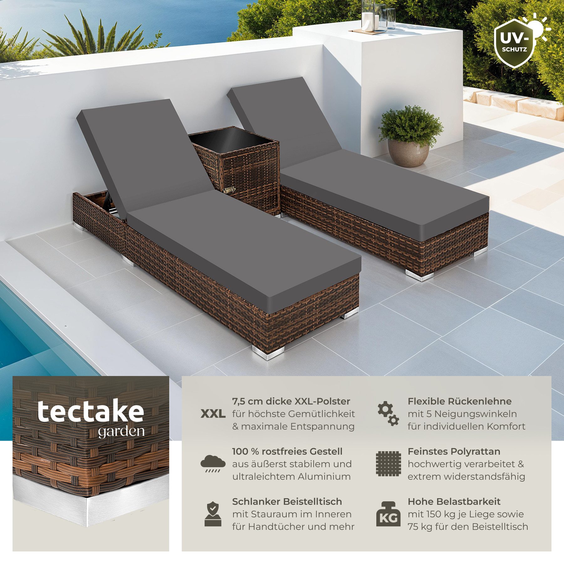 tectake Gartenliege 2er Set Rattan Sonnenliegen, günstig online kaufen