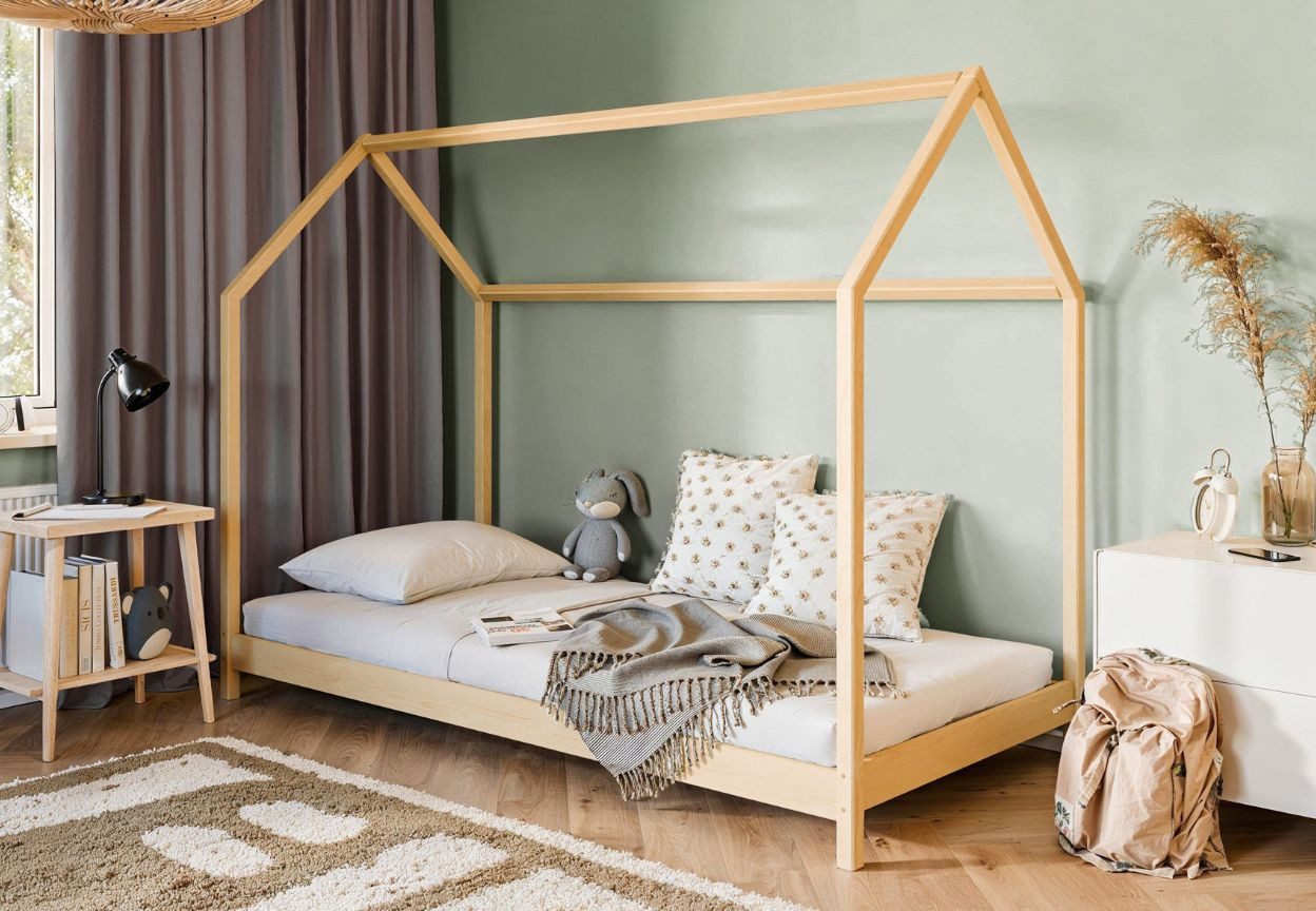 Kids Collective Hausbett Kinderbett 90x200 cm Bett mit Lattenrost Bed Kinder Jugendbett, Einzelbett Matratze optional, natur Kiefer Holz massiv Junge Mädchen