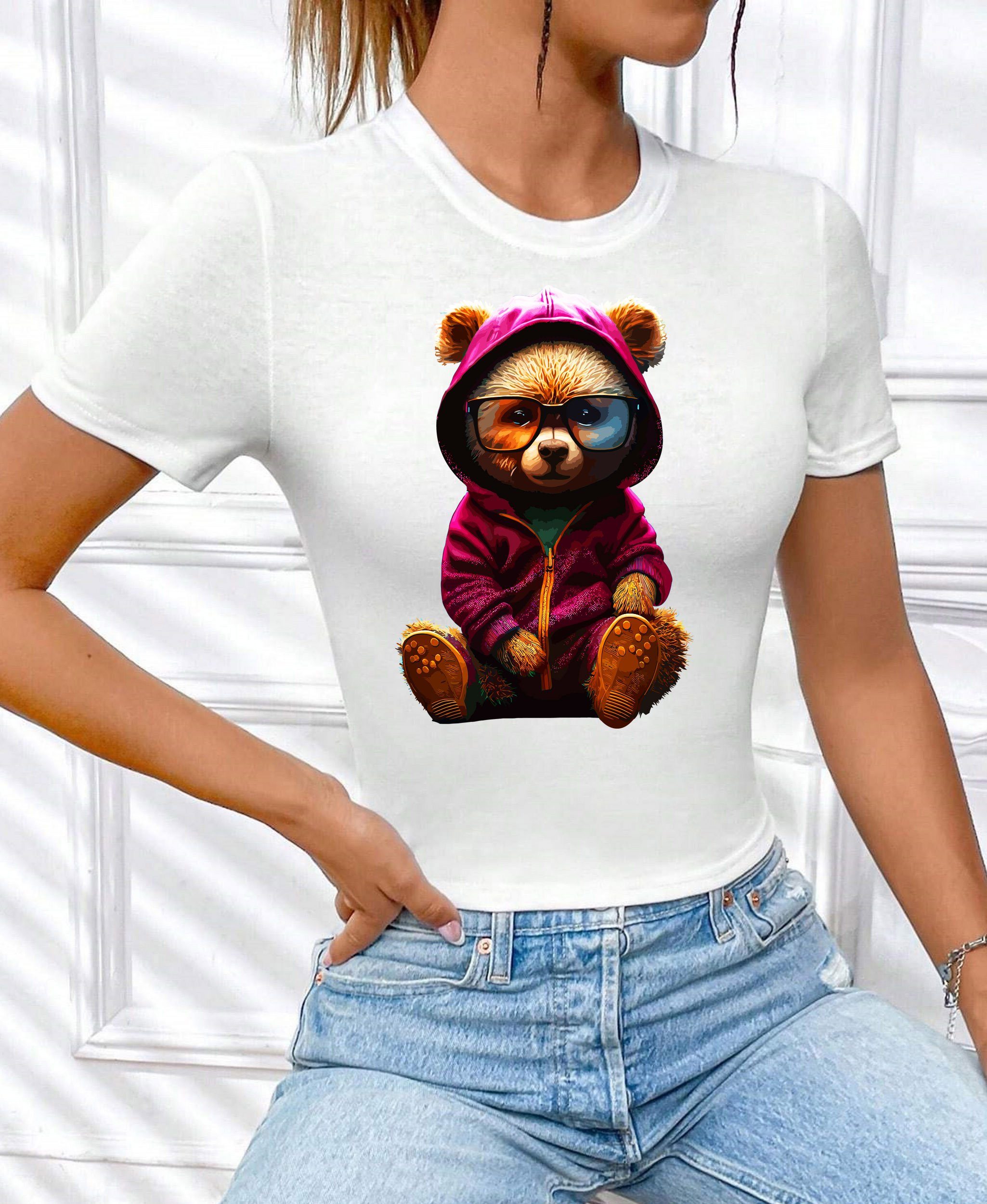 RMK Print-Shirt Damen T-Shirt Top Sommer Rundhals süßer Teddybär Bär Brille mit lizenziertem Originaldesign, aus Baumwolle, Unifarbe Weiß-Lila