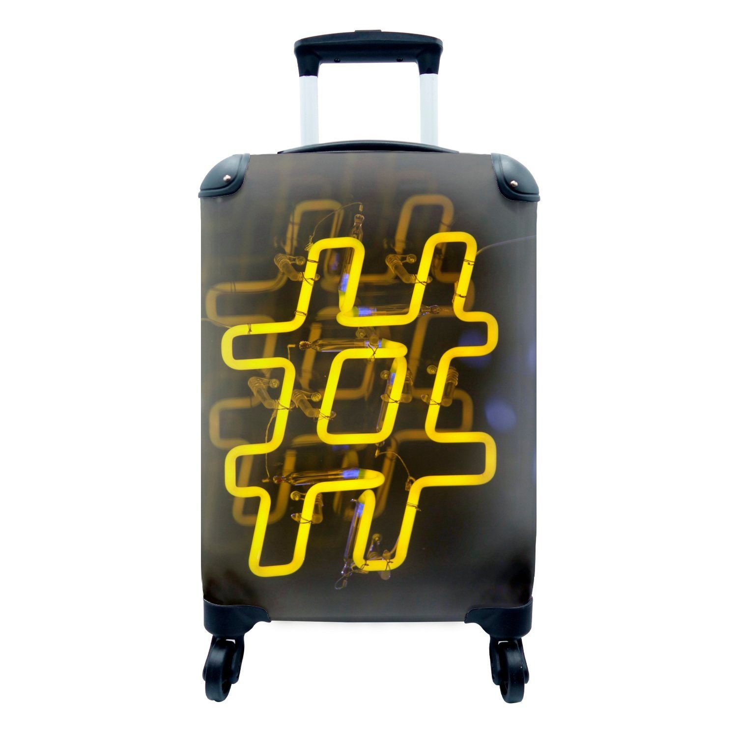 MuchoWow Handgepäckkoffer Neongelbes Hashtag, 4 Rollen, Reisetasche mit rollen, Handgepäck für Ferien, Trolley, Reisekoffer