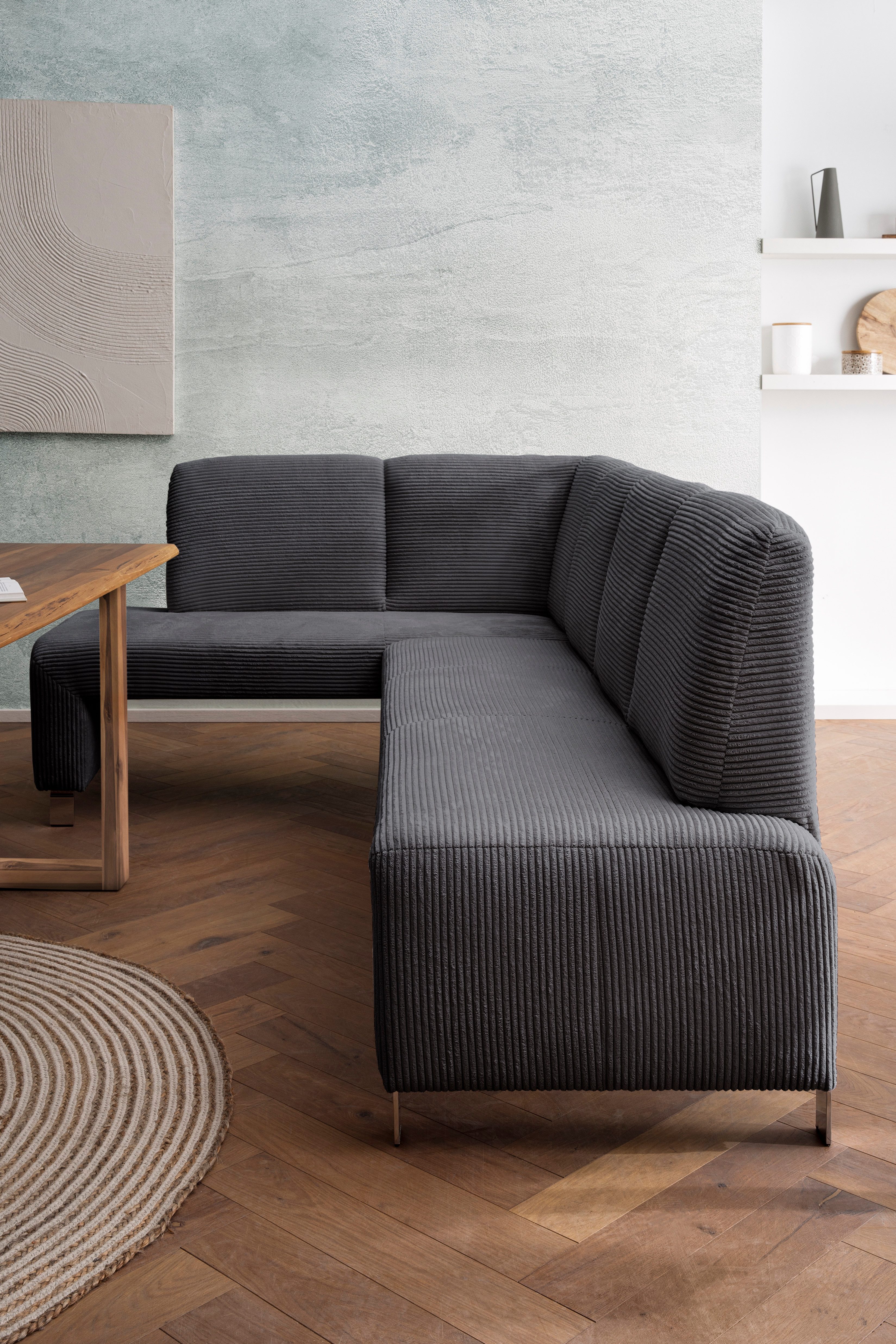 exxpo - sofa fashion Eckbank Intenso, viele Bezugsstoffe Cord, Leder, Struktur 244/157 cm (B/T), hohe Bodenfreiheit, frei im Raum stellbar, hoher Sitzkomfort