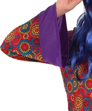 Karneval-Klamotten Hippie-Kostüm Damenkostüm Woodstock mit Peace Kette, Kleid lila-bunt, V-Ausschnitt, mit Haarband und Halskette