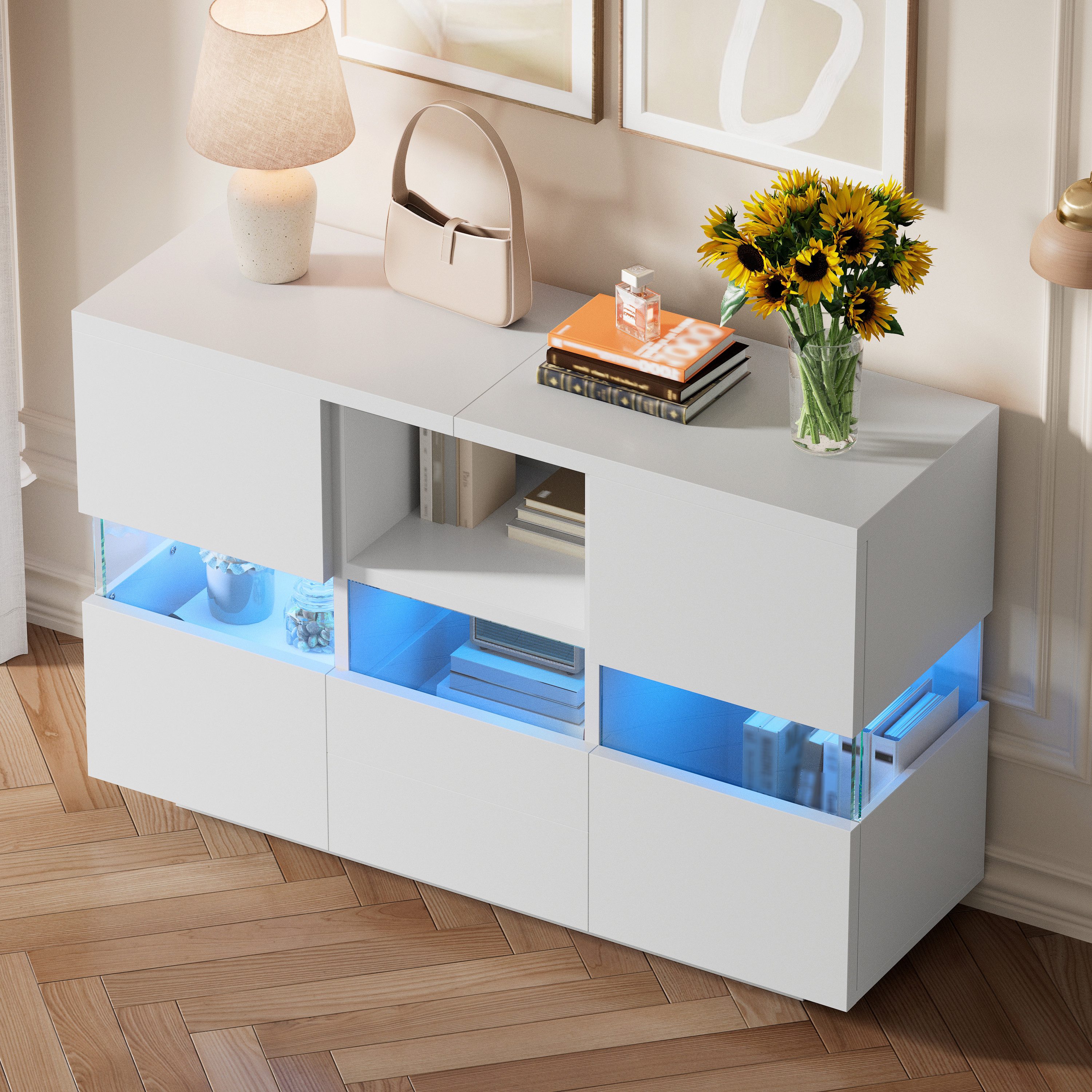 OKWISH Sideboard Küchenschrank Anrichte (mit Doppelebene – schwebend oben, bodenstehend unten, vielseitiger Stauraum und staubgeschützt)