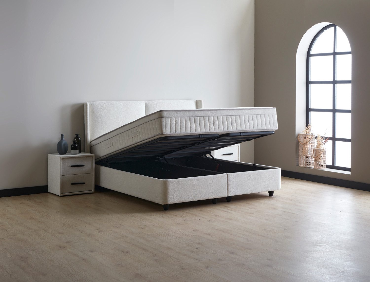 abc bedding Boxspringbett Komfortbett RUBY mit Samtstoff in Weiß, Voll-orthopädisches Schlafsystem inklusive Bettkasten