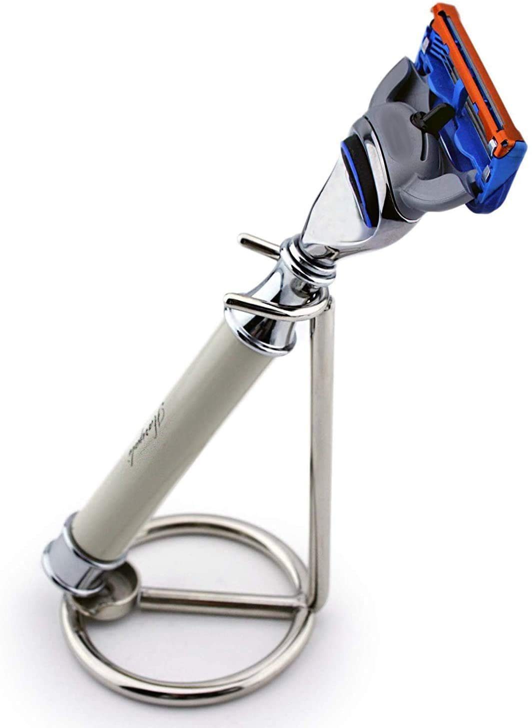 Haryali London Nassrasierer 5 Edge Fusion-kompatibler Herrenrasierer in Elfenbein + Stahlständer, Kombi-Set, 2-tlg., 1x Gillette Fusion Rasierer, Rasiererhalter-Ständer, perfekt für die tägliche Rasur des Mannes