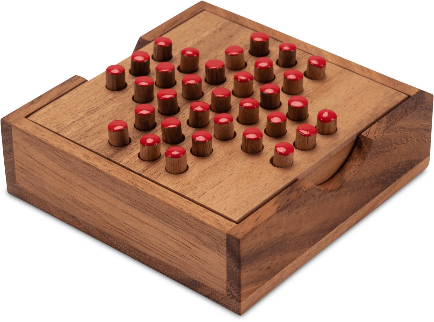 LOGOPLAY Spiel Solitär Gr. L rot, Gesellschaftsspiel, Solitär Gr. L mit roten Steckern Solitaire Denkspiel aus Holz für 1