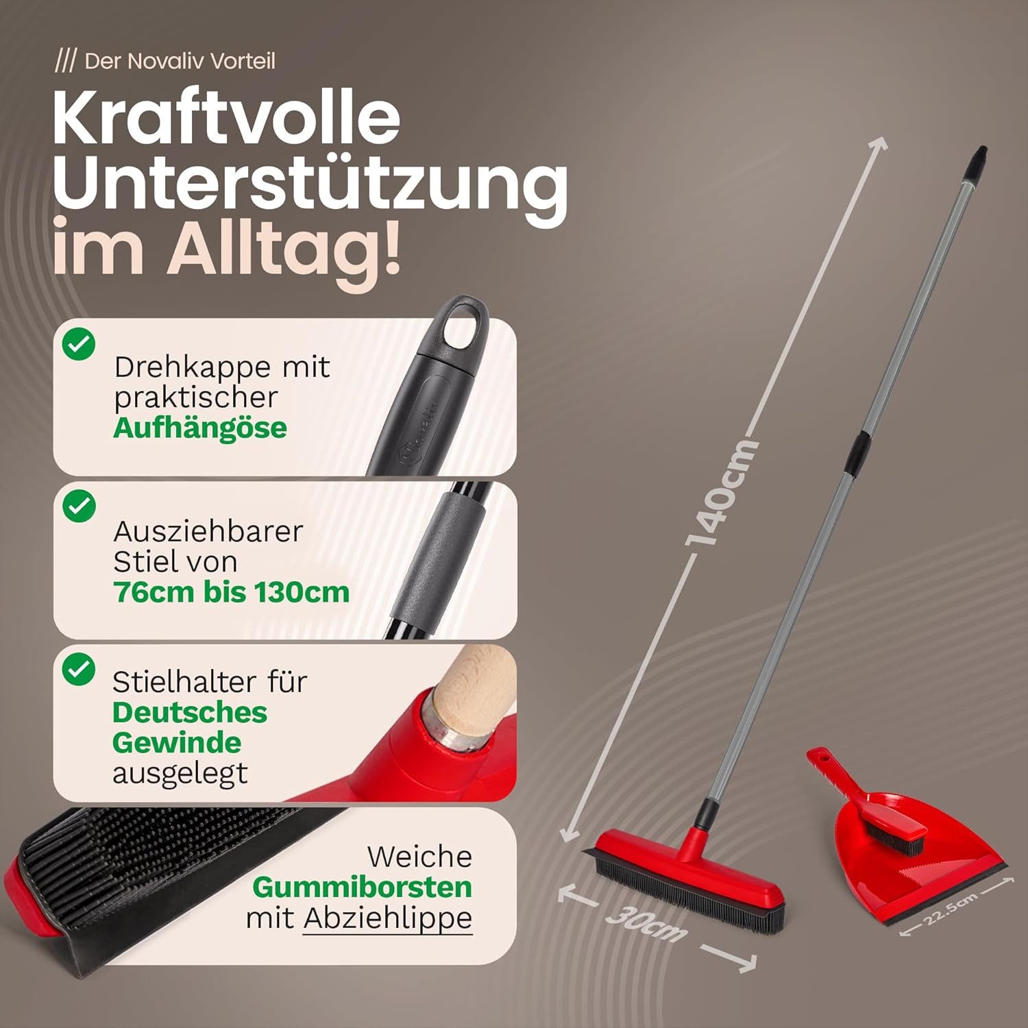 Novaliv Kehrgarnitur 19706-19705-19522-1xStuck, Gummibesen mit Teleskopstiel & Kehrgarnitur Friseurbesen Set Gummi Nop