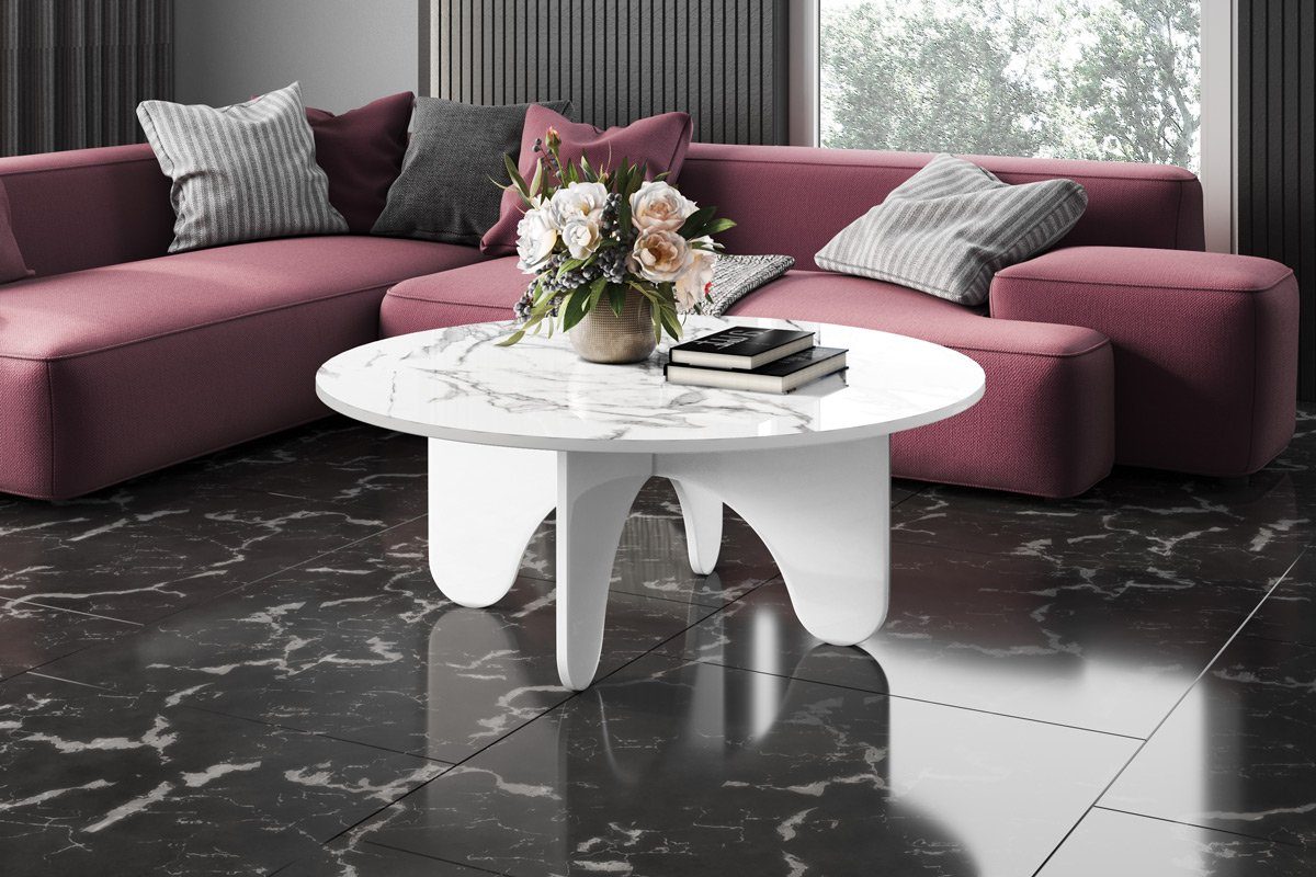 designimpex Couchtisch Design HRL-111 Hochglanz Wohnzimmertisch Rund Tisch ?100 cm x 40 cm Marmor Natur Hochglanz - Weiß Hochglanz