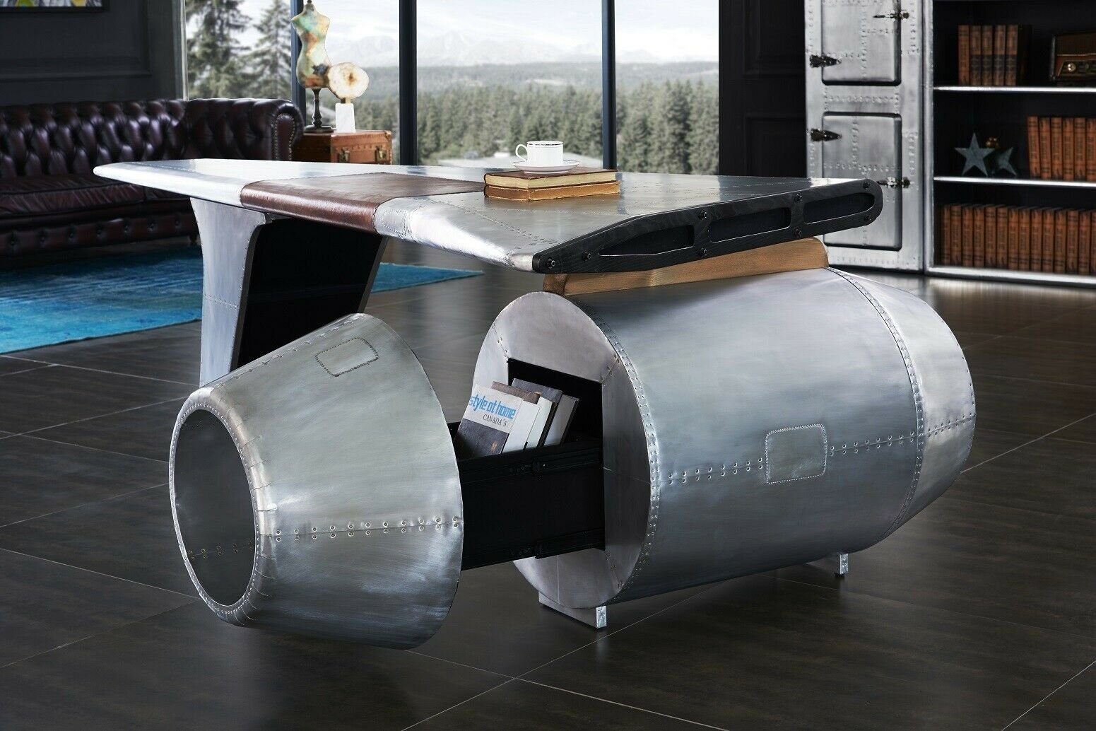 JVmoebel Schreibtisch Flugzeug Flügel Tisch aus Metall in Silber, Made in Europa