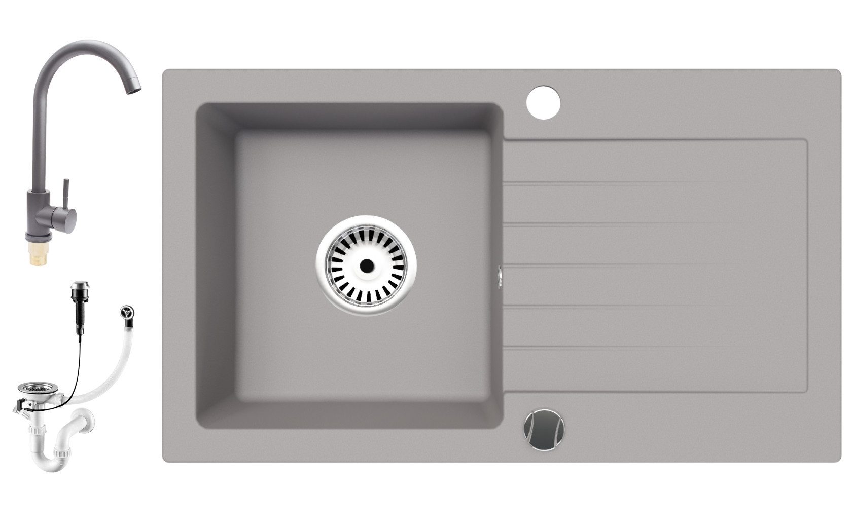 Granitspüle Granitspüle 76 cm Grau Mit passender Armatur Komplett Set