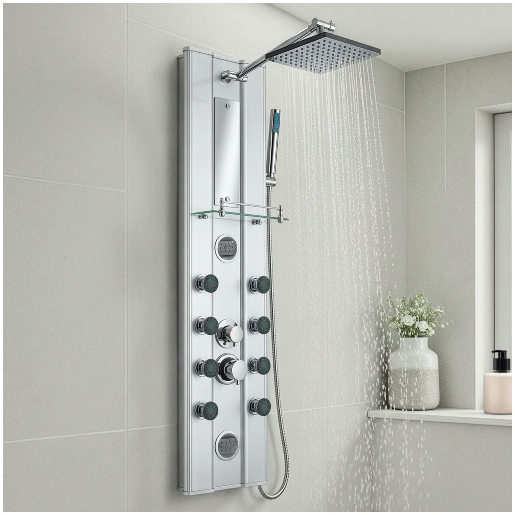 tectake Duscharmatur Aluminium-Duschsystem mit Antikalktechnik, inklusive Regendusche (Duschsäule, in silber) Ausgestattet mit Handbrause, 10 Massagestrahlern und Ablage aus Glas
