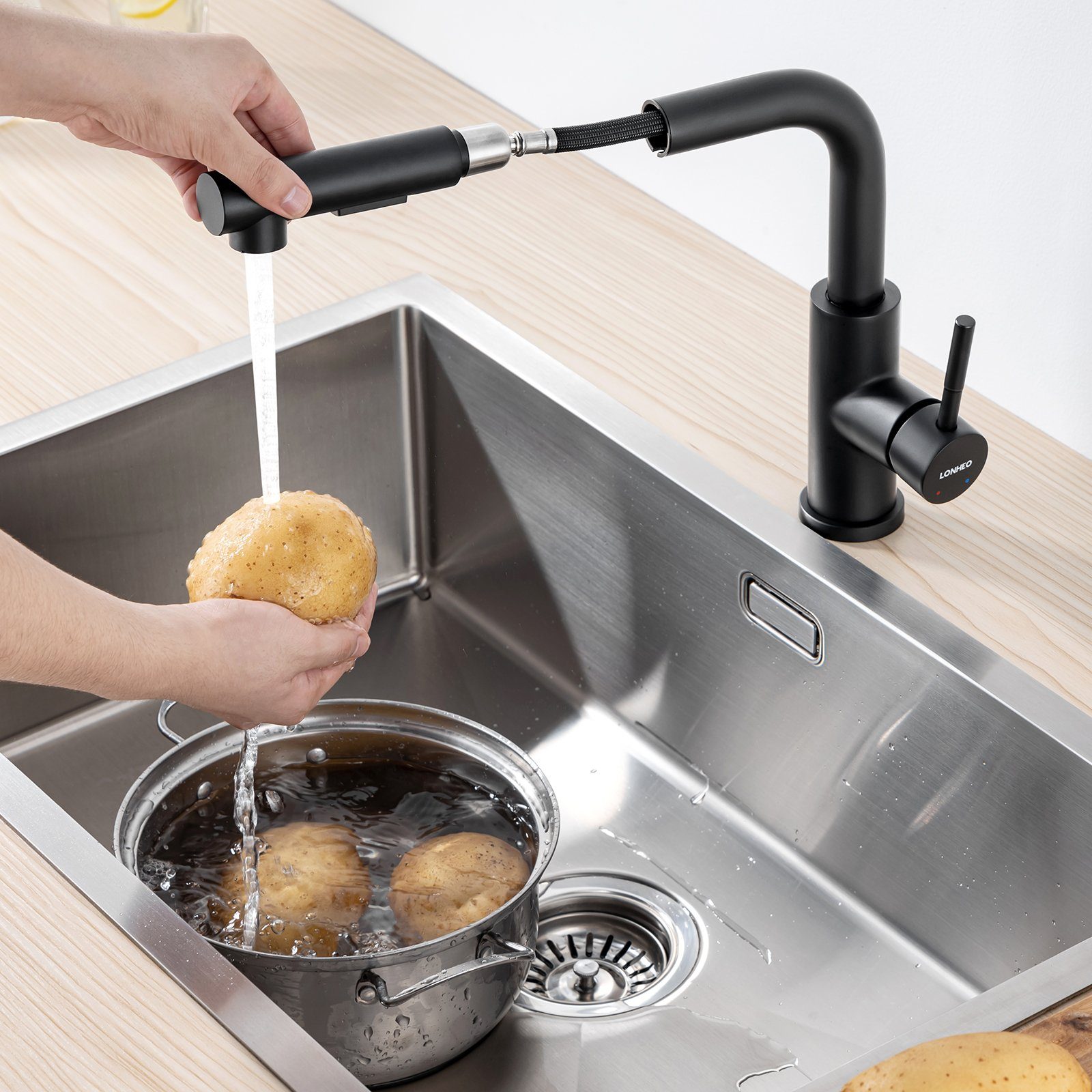 Mischbatterie Wasserhahn Lonheo Brause Niederdruck Küchenarmatur Schwarz Ausziehbar mit 360° ausziehbar Spültischarmatur