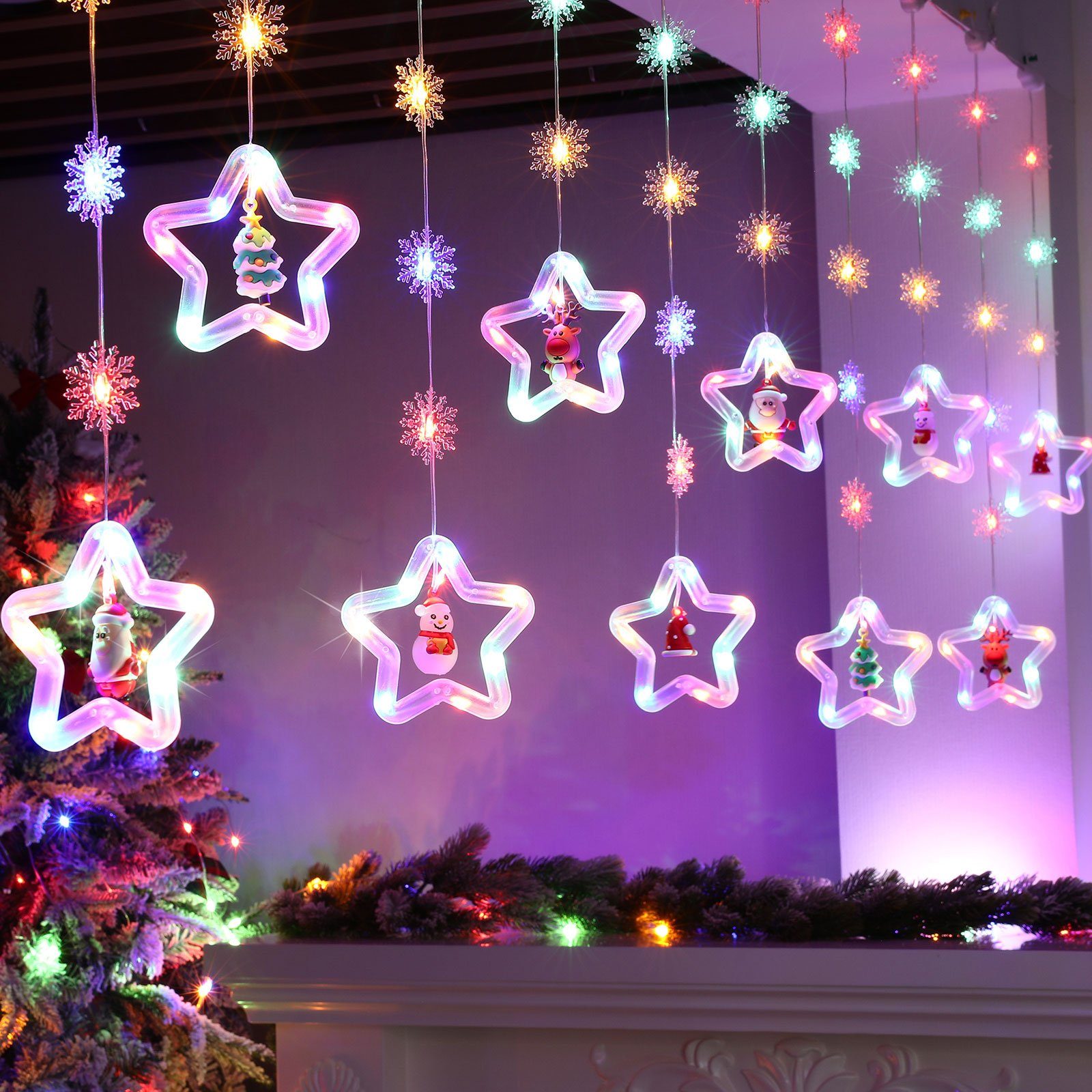Sunicol LED-Lichterkette 3M Lichtervorhang, Fenster Party Weihnachtsdeko, USB/Batterie 8 Modi, Schneeflocken Sterne Xmas LED Lichterketten mit Fernsteuerung Timer RGB Sterne