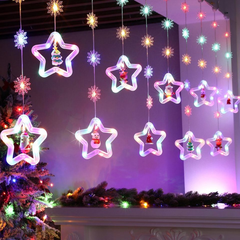 Lichtervorhang, Sterne Sunicol Fenster LED 8 Xmas Modi, Party Weihnachtsdeko, Schneeflocken Timer mit USB/Batterie LED-Lichterkette 3M Lichterketten Fernsteuerung