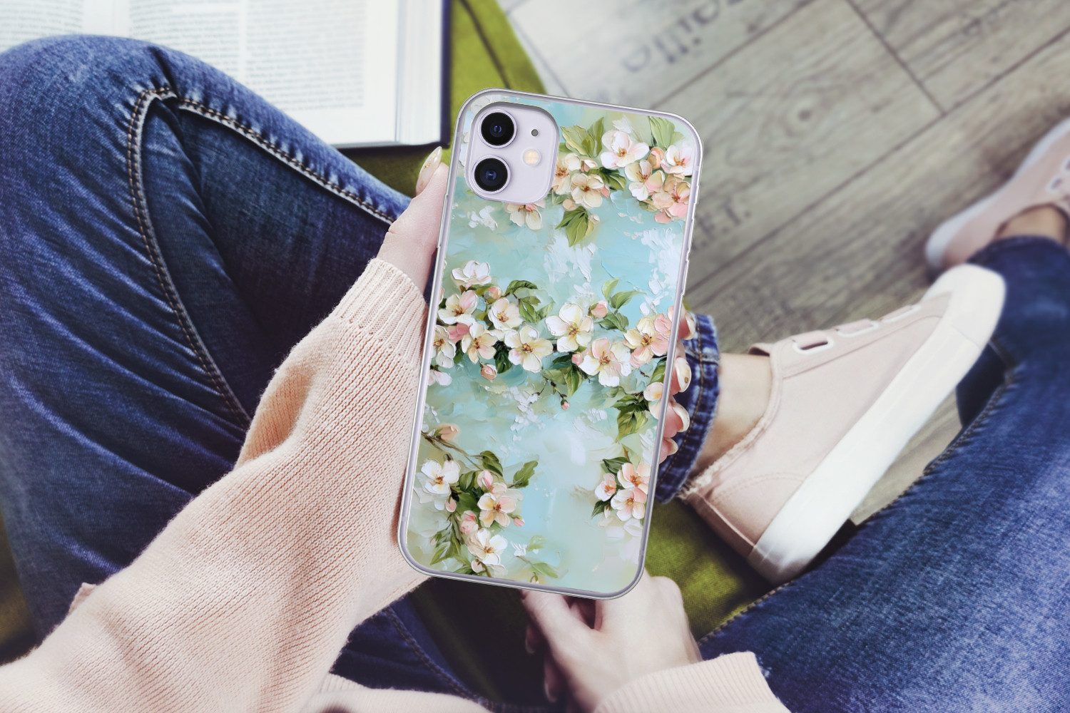 MuchoWow Handyhülle für Apple iPhone 11 Blüte - Blätter - Hellblau, Smartphone-Bumper, Print, Handy Schutzhülle Dünn