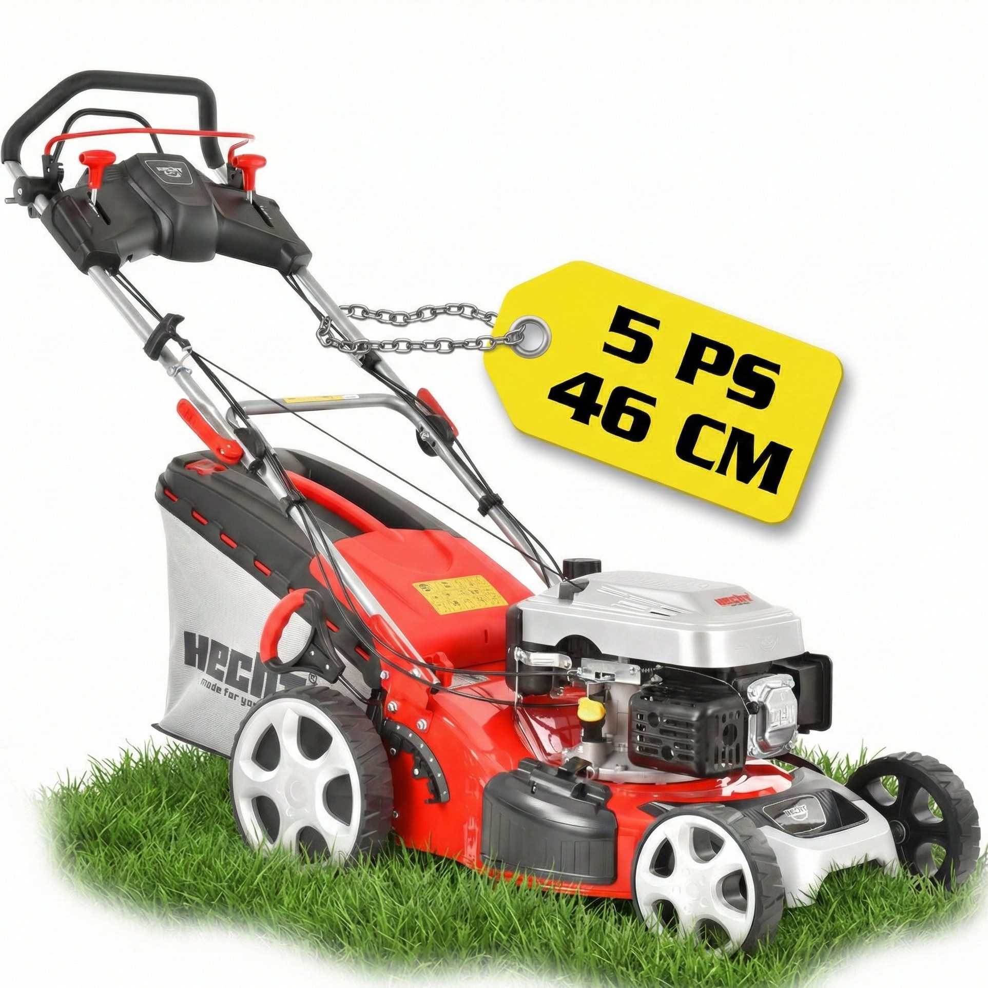 Hecht Benzinrasenmäher 5484 SX 5in1 mit Radantrieb Mulchkit, 46 cm Schnittbreite, 5 PS, 25-75mm, 60L Fangkorb