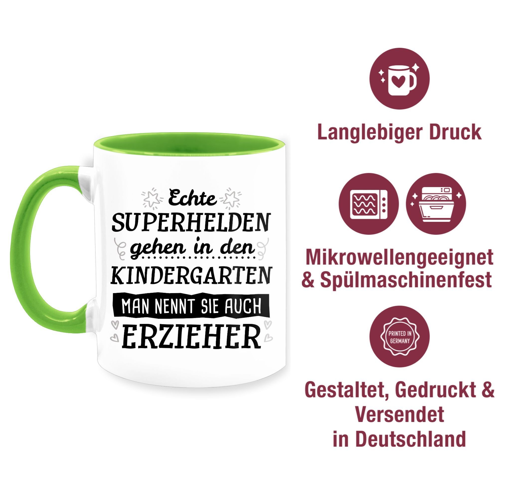 Keramik, Erzieher, Geschenk Kindergarten Tasse Hellgrün - Kaffeetasse Shirtracer gehen 3 in Superhelden Job den Echte
