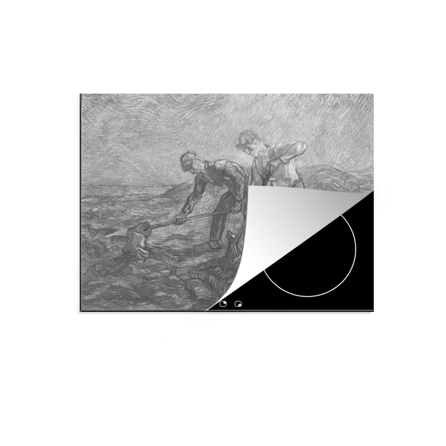 MuchoWow Herdblende-/Abdeckplatte Die Bagger - Vincent van Gogh - Schwarz und weiß, Vinyl, (1 tlg), 59x52 cm, Ceranfeldabdeckung für die küche, Induktionsmatte