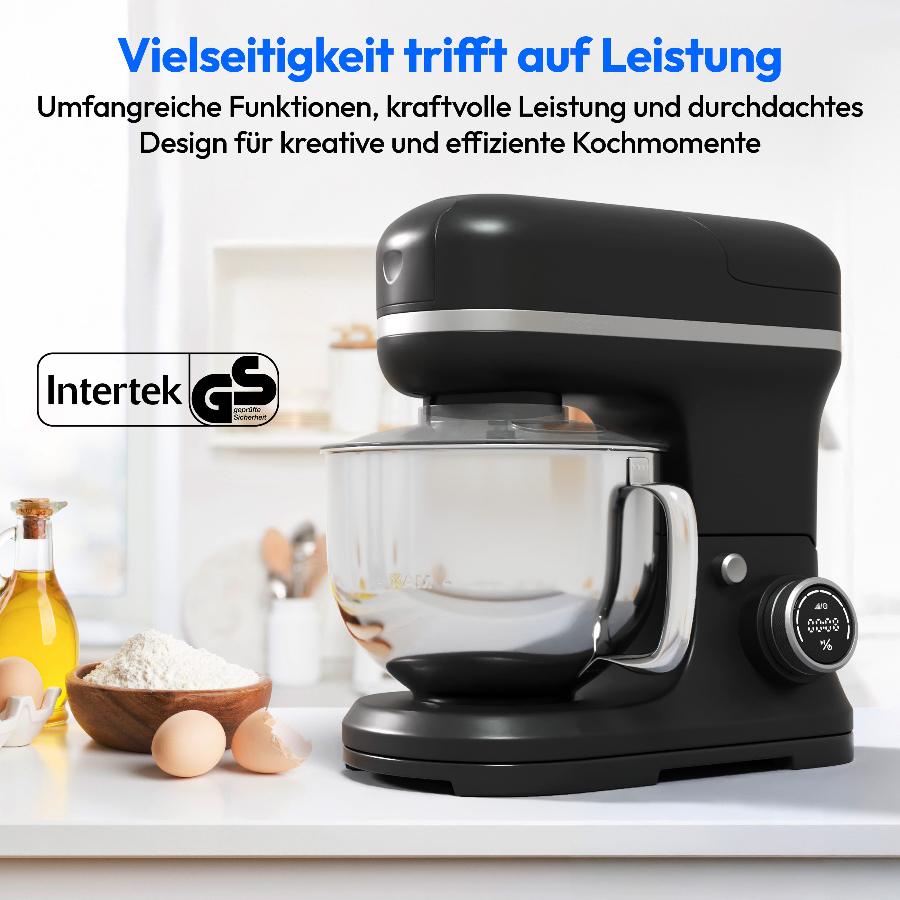 Medion® Küchenmaschine MD 18430, 1200 W, 5 l Schüssel, Mit umfangreichem Zubehör-Set, Mixeraufsatz, Fleischwolf-Aufsatz
