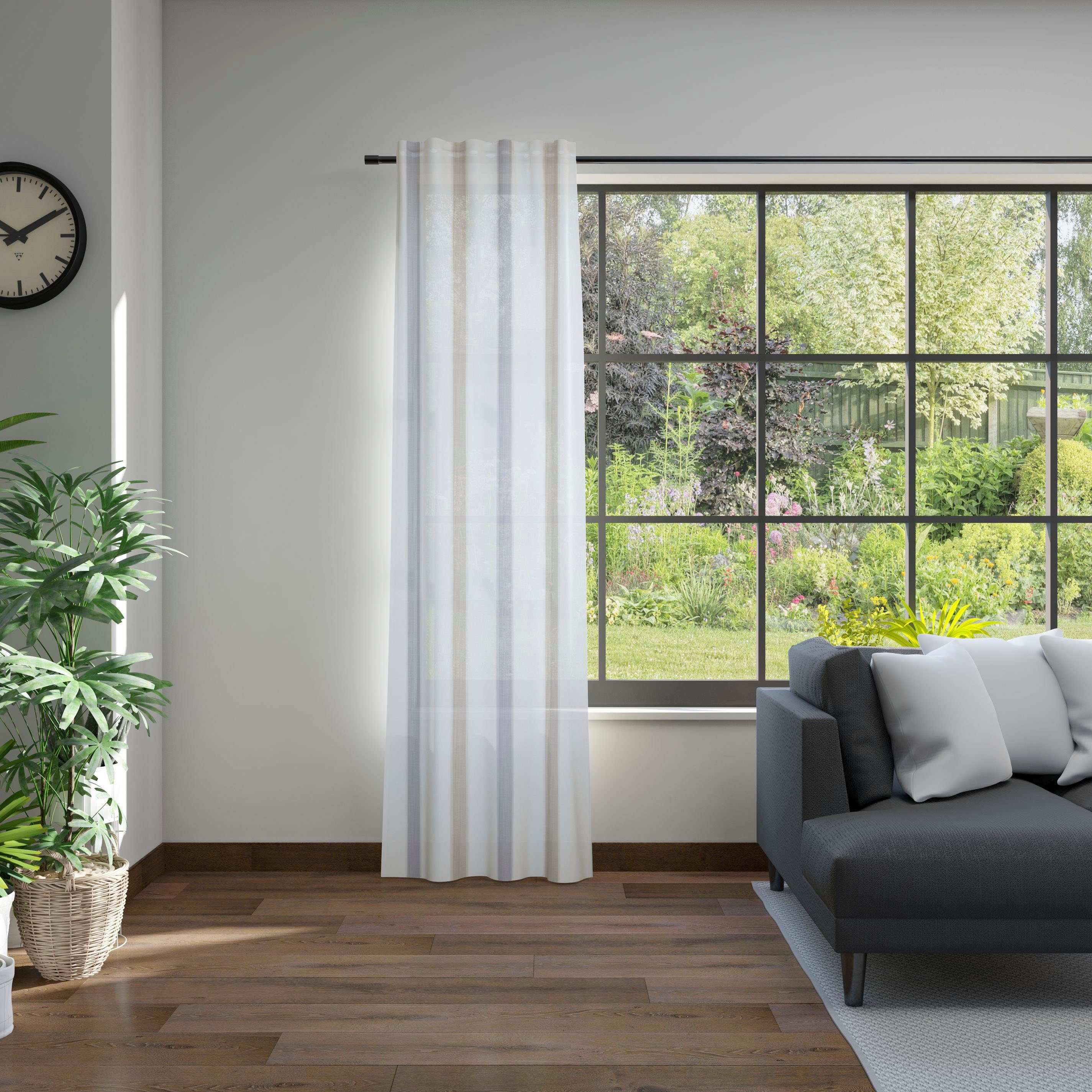 Vorhang Bandolo, Neutex for you!, Multifunktionsband (1 St), halbtransparent, eleganter Längsstreifen weiß leinen silberfarben | Fertiggardinen