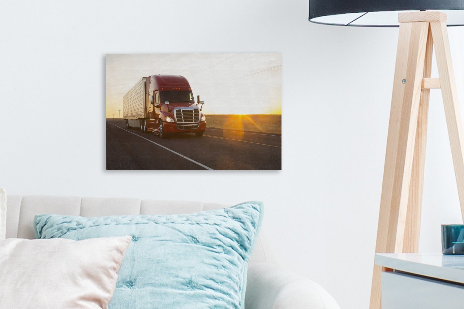Roter cm Leinwandbild (1 Aufhängefertig, Leinwandbilder, OneMillionCanvasses® Lastwagen bei Sonnenuntergang, Wanddeko, Wandbild 30x20 St),